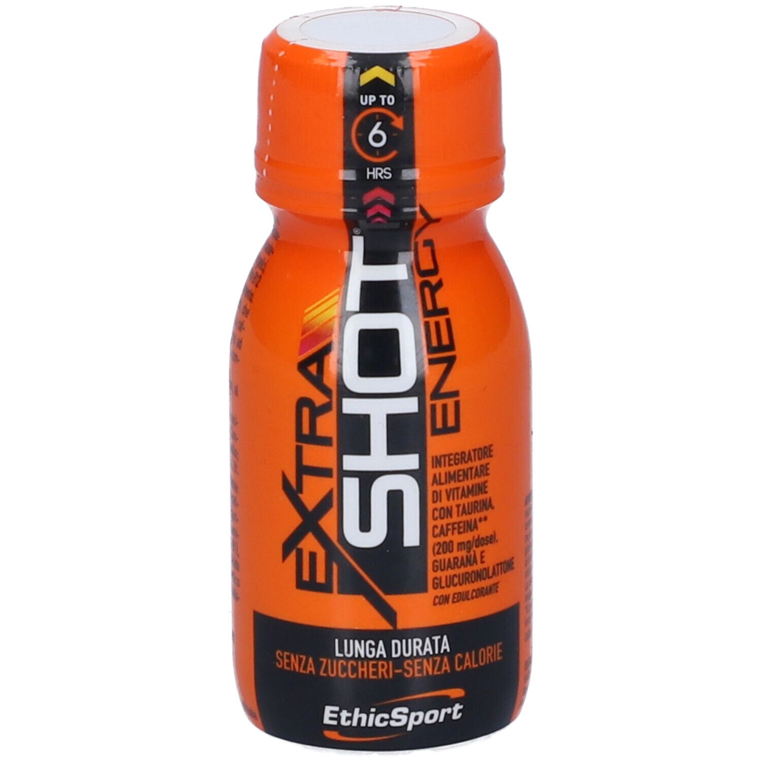 Bottiglia arancione con scritta Extra Shot Energy. Contiene taurina e caffeina. Senza zucchero. EthicSport.