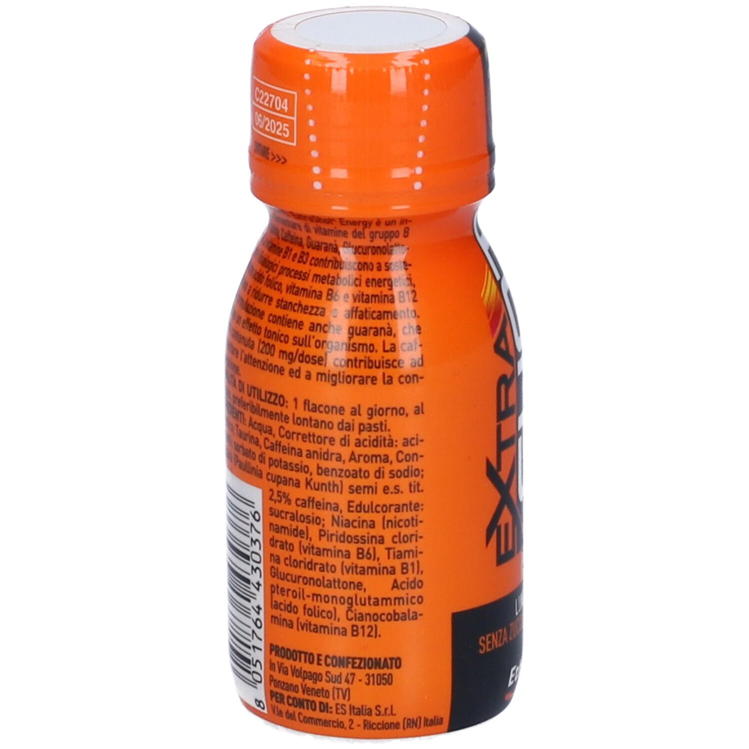 Bottiglia arancione con testo. Contiene vitamine, caffeina e guaranà. Senza zucchero. Contiene ingredienti.