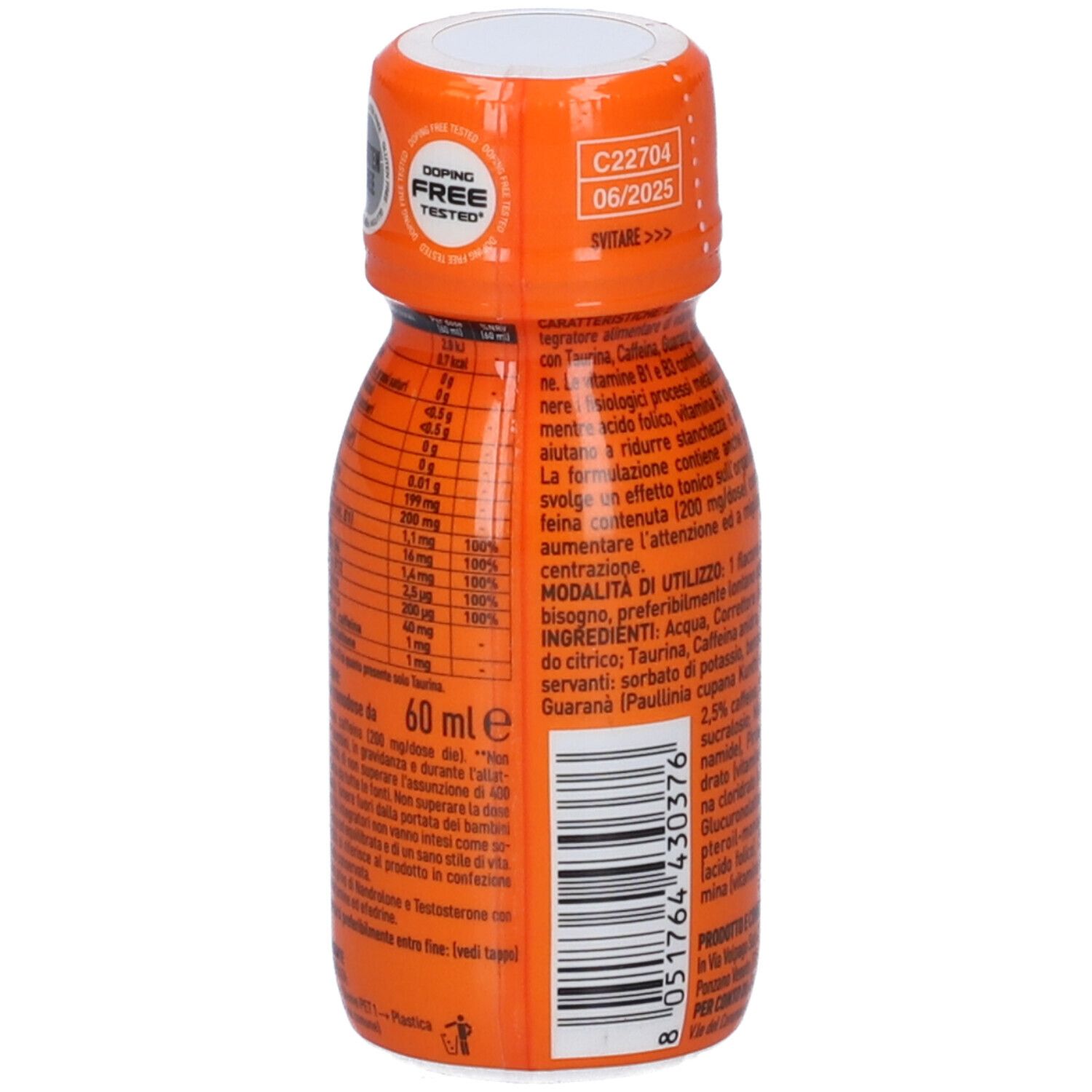 Bottiglia arancione con testo e informazioni nutrizionali. Contiene caffeina e guaranà. Testato senza doping.
