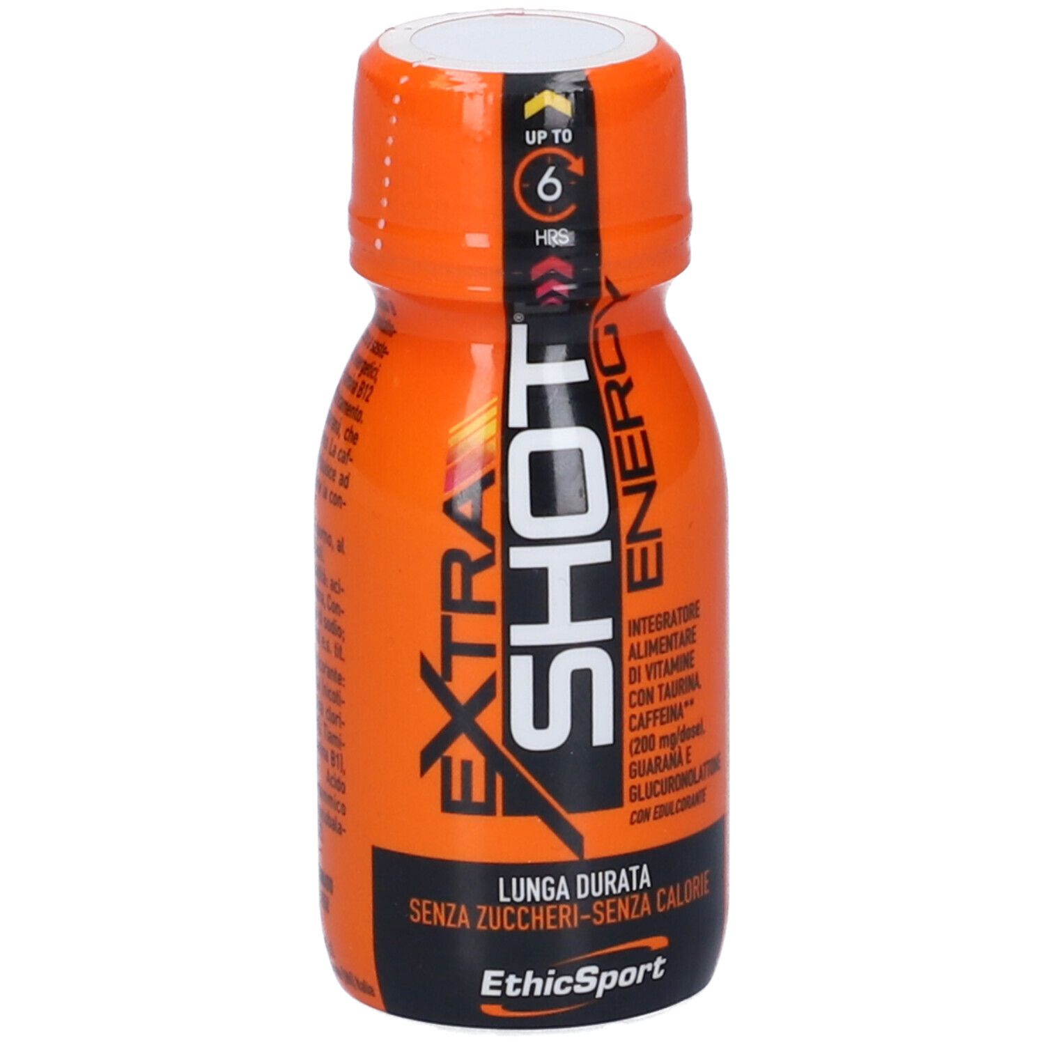 Bottiglia arancione con scritta Extra Shot Energy. Contiene taurina e caffeina. Senza zucchero. EthicSport.