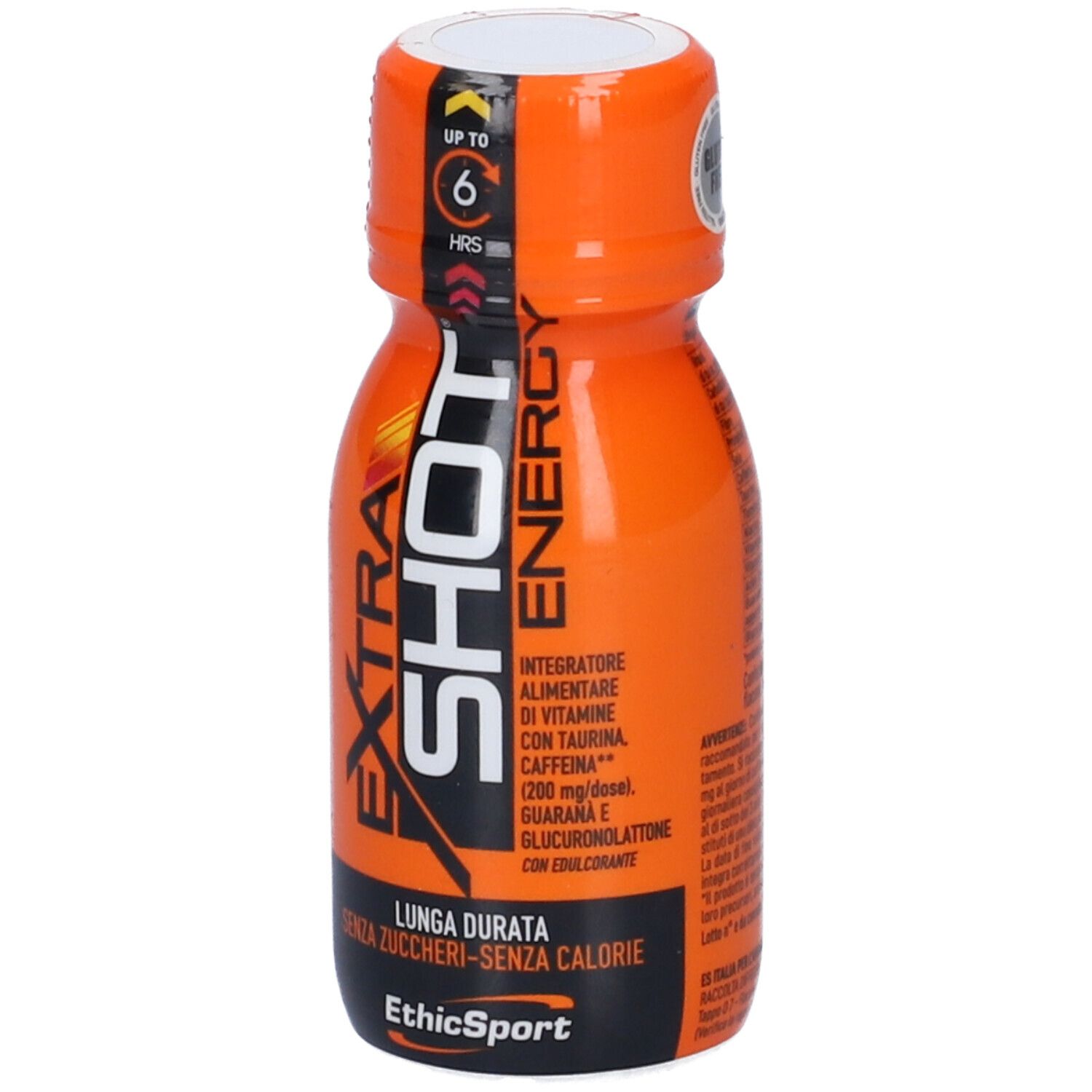 Bottiglia arancione con scritta Extra Shot Energy. Contiene taurina e caffeina. Senza zucchero. EthicSport.