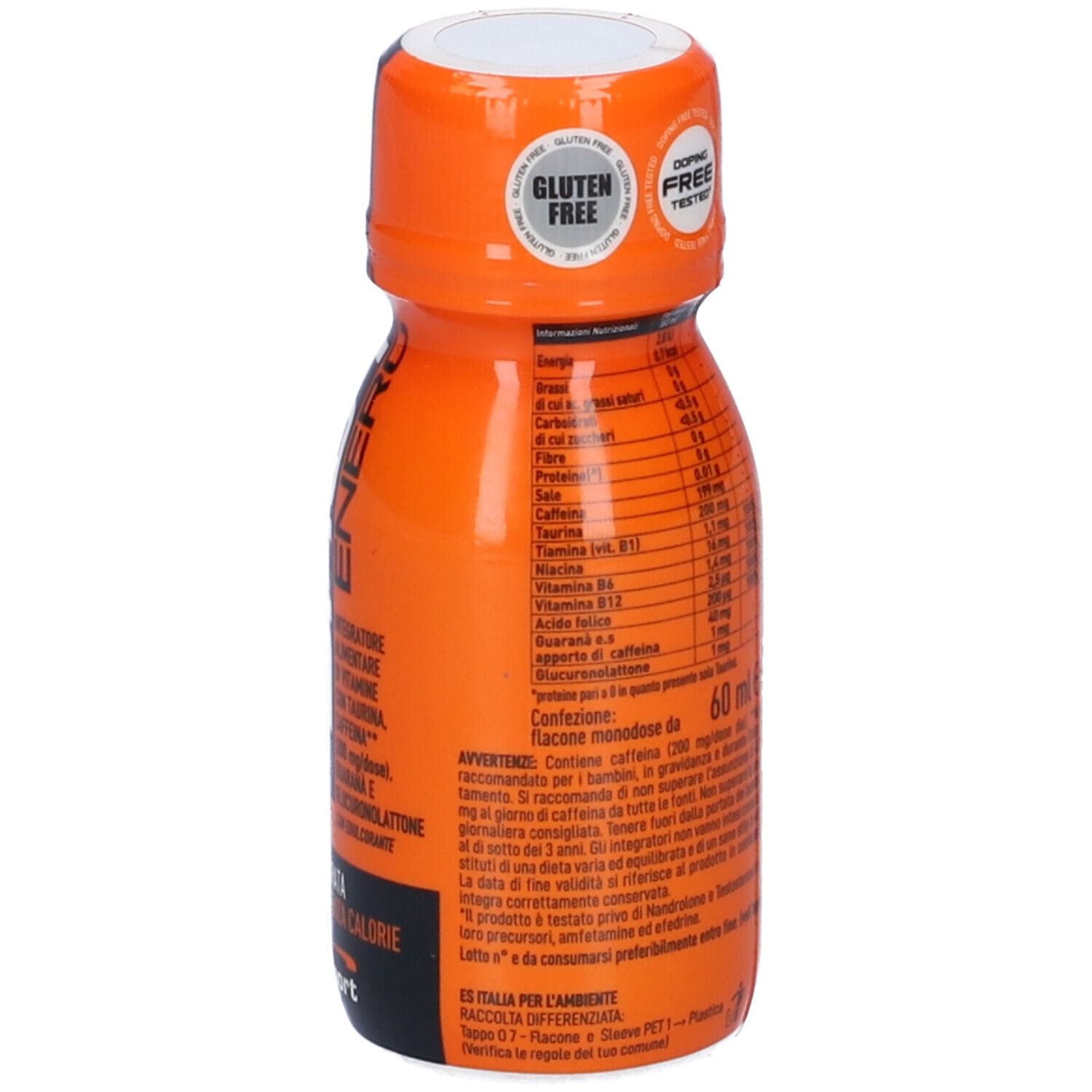 Bottiglia arancione con testo e informazioni nutrizionali. Contiene caffeina e guaranà. Senza glutine. EthicSport.