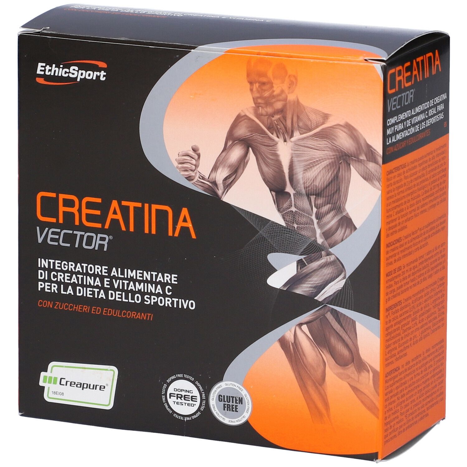 Scatola Ethicsport Creatina Vector. Scritto: Creatina Vector, Integratore Alimentare, Vitamina C, senza glutine.