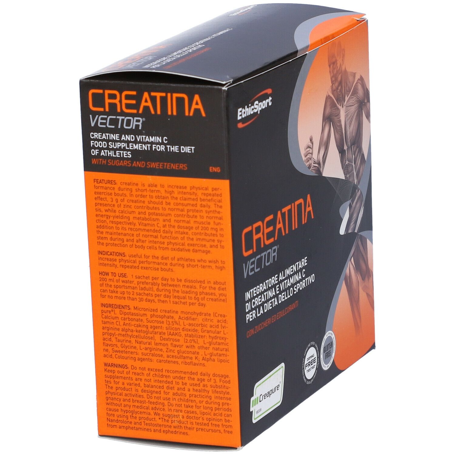 Scatola Ethicsport Creatina Vector. Testo: Creatina Vector, Integratore, Vitamina C, senza glutine.