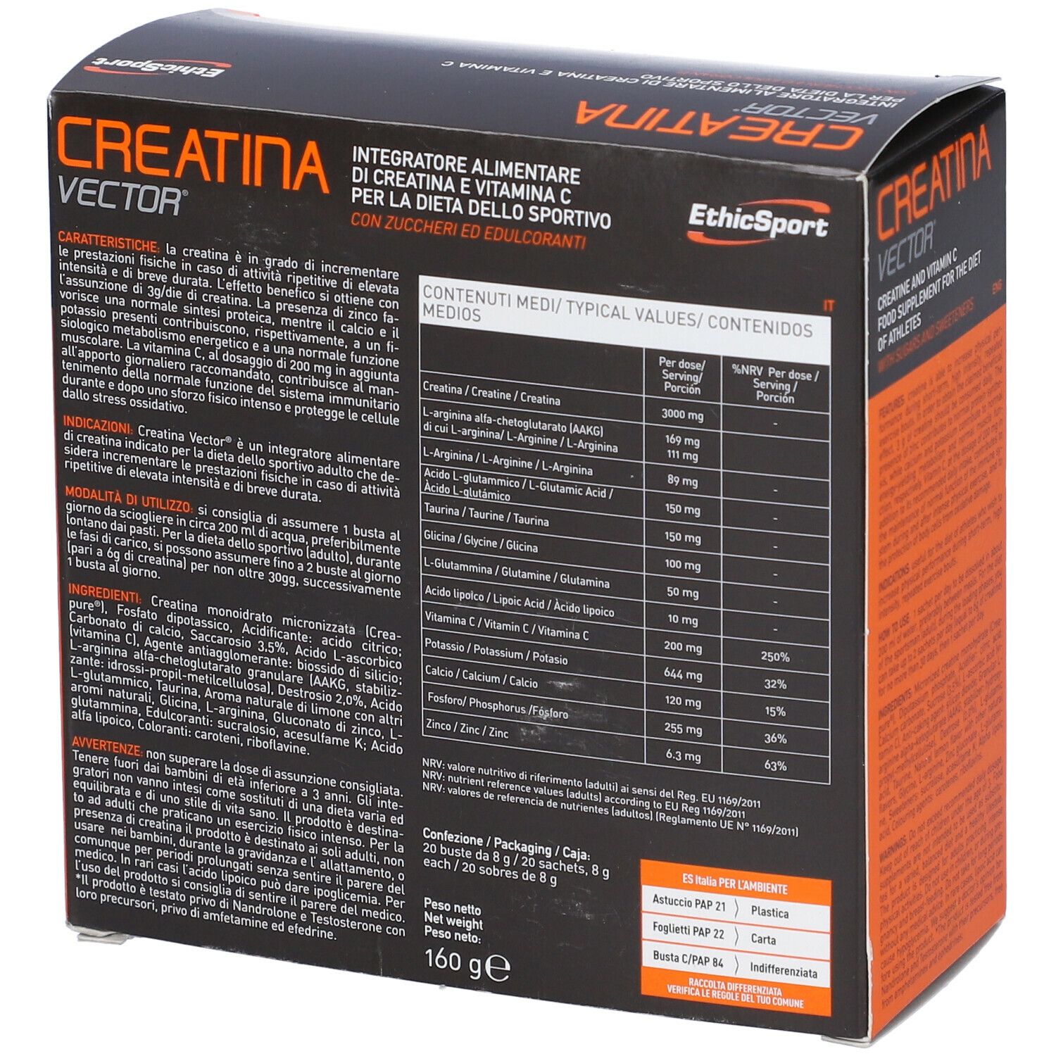 Scatola Ethicsport Creatina Vector. Retro con informazioni nutrizionali. Senza glutine.