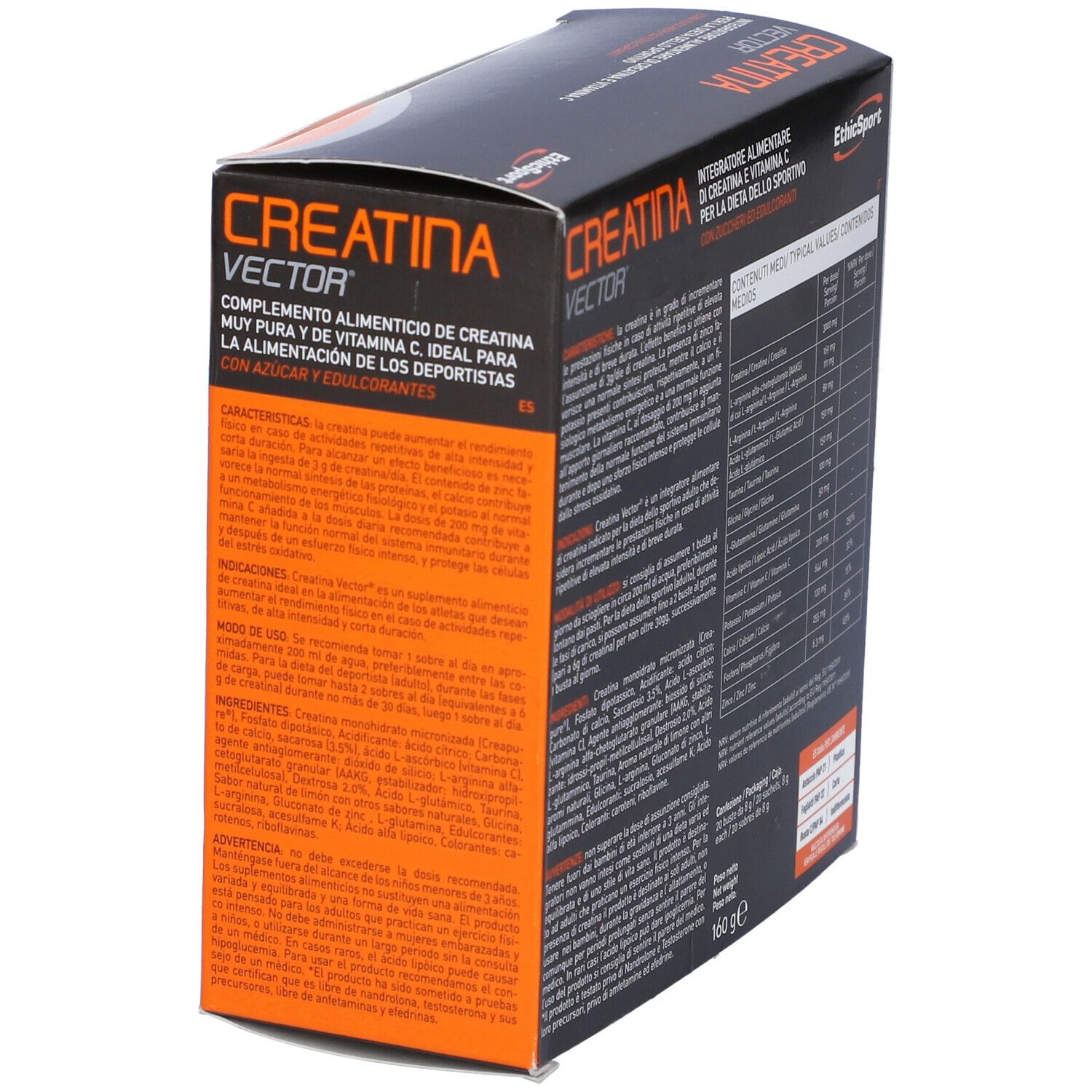 Scatola Ethicsport Creatina Vector. Retro con informazioni nutrizionali. Senza glutine.