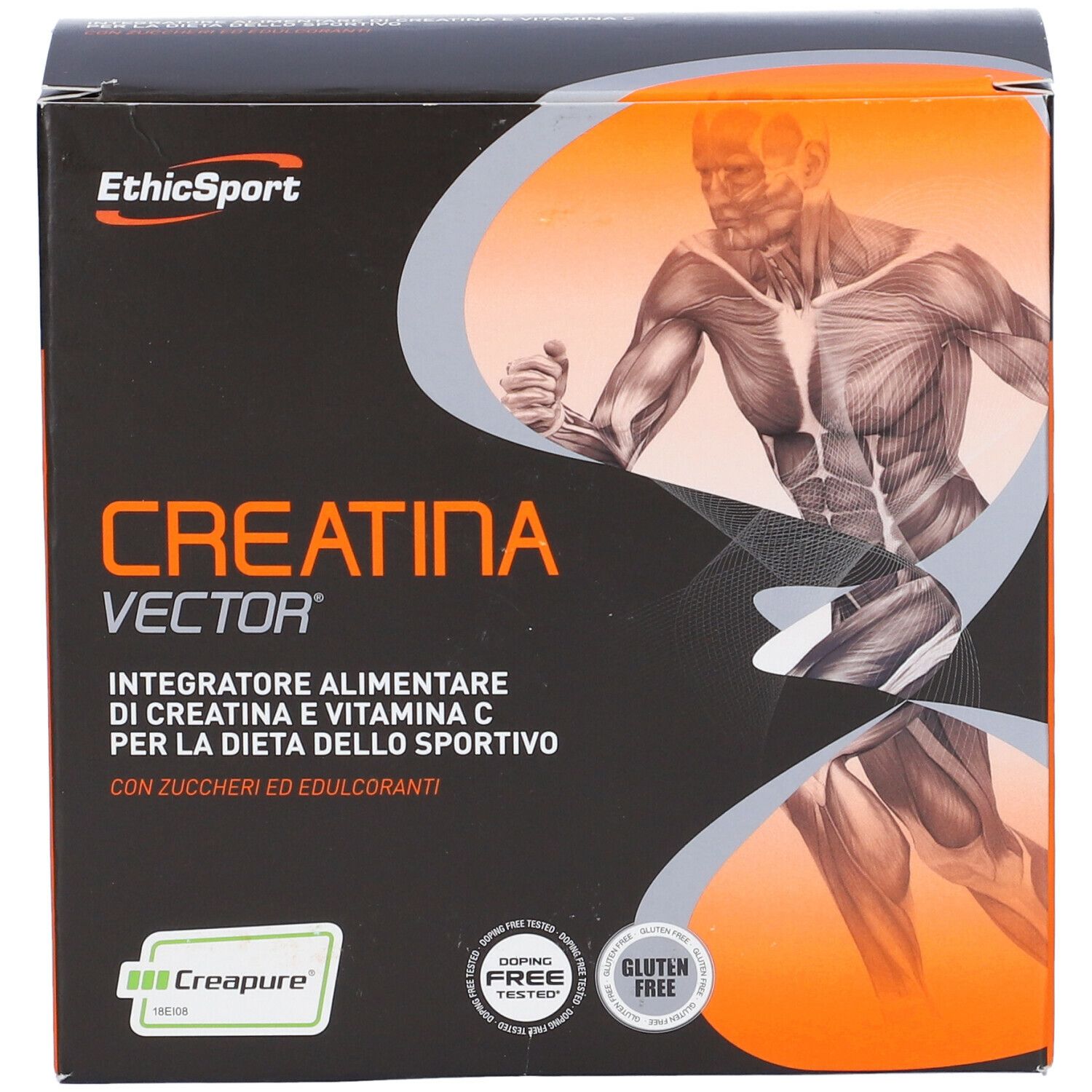 Scatola Ethicsport Creatina Vector. Scritto: Creatina Vector, Integratore Alimentare, Vitamina C, senza glutine.