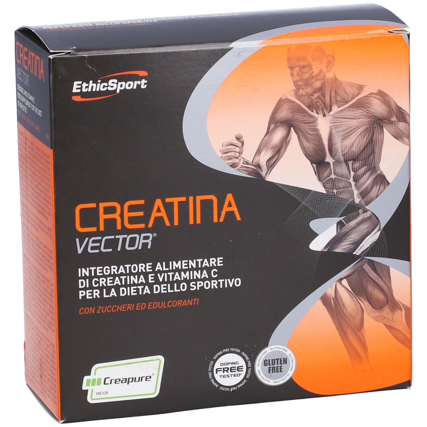 Scatola Ethicsport Creatina Vector. Scritto: Creatina Vector, Integratore Alimentare, Vitamina C, senza glutine.