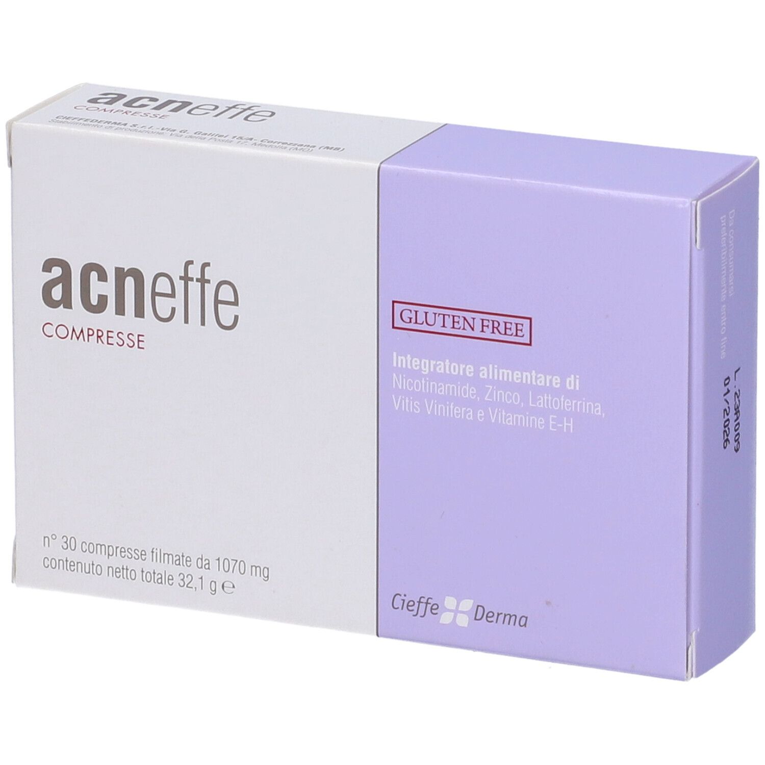 Scatola di compresse "acneffe COMPRESSE". Senza glutine. Marchio: Cieffe Derma.