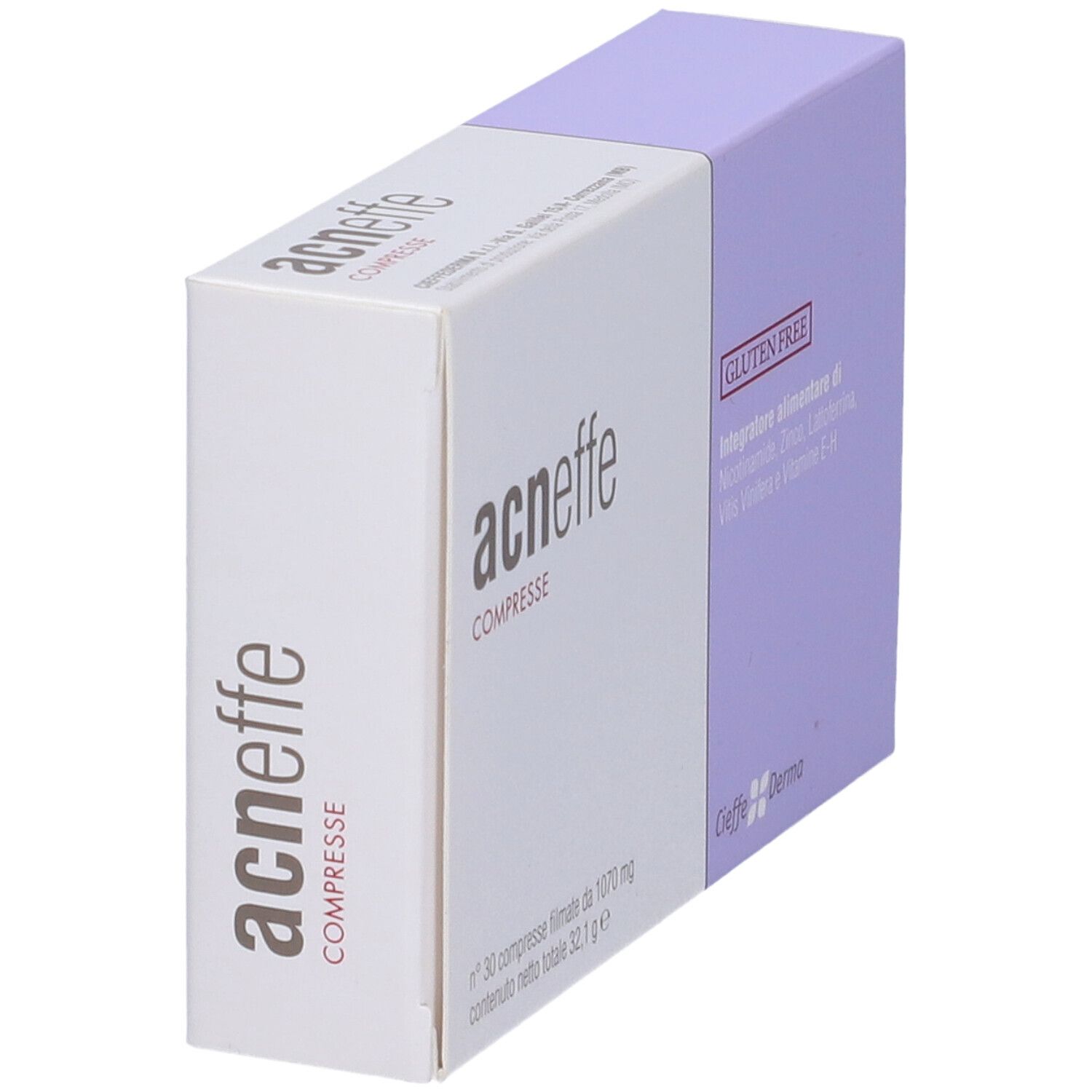Scatola di compresse "acneffe COMPRESSE". Marchio: Cieffe Derma. Senza glutine.