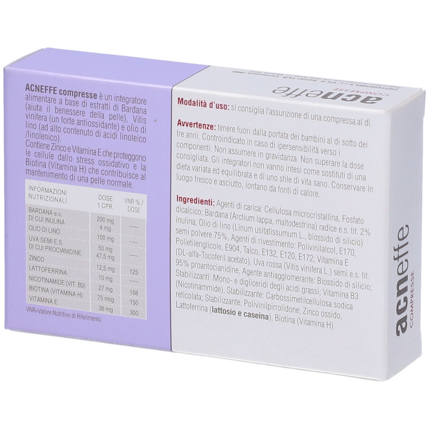 Retro della scatola di compresse. Testo con ingredienti e istruzioni. Marchio: Cieffe Derma.