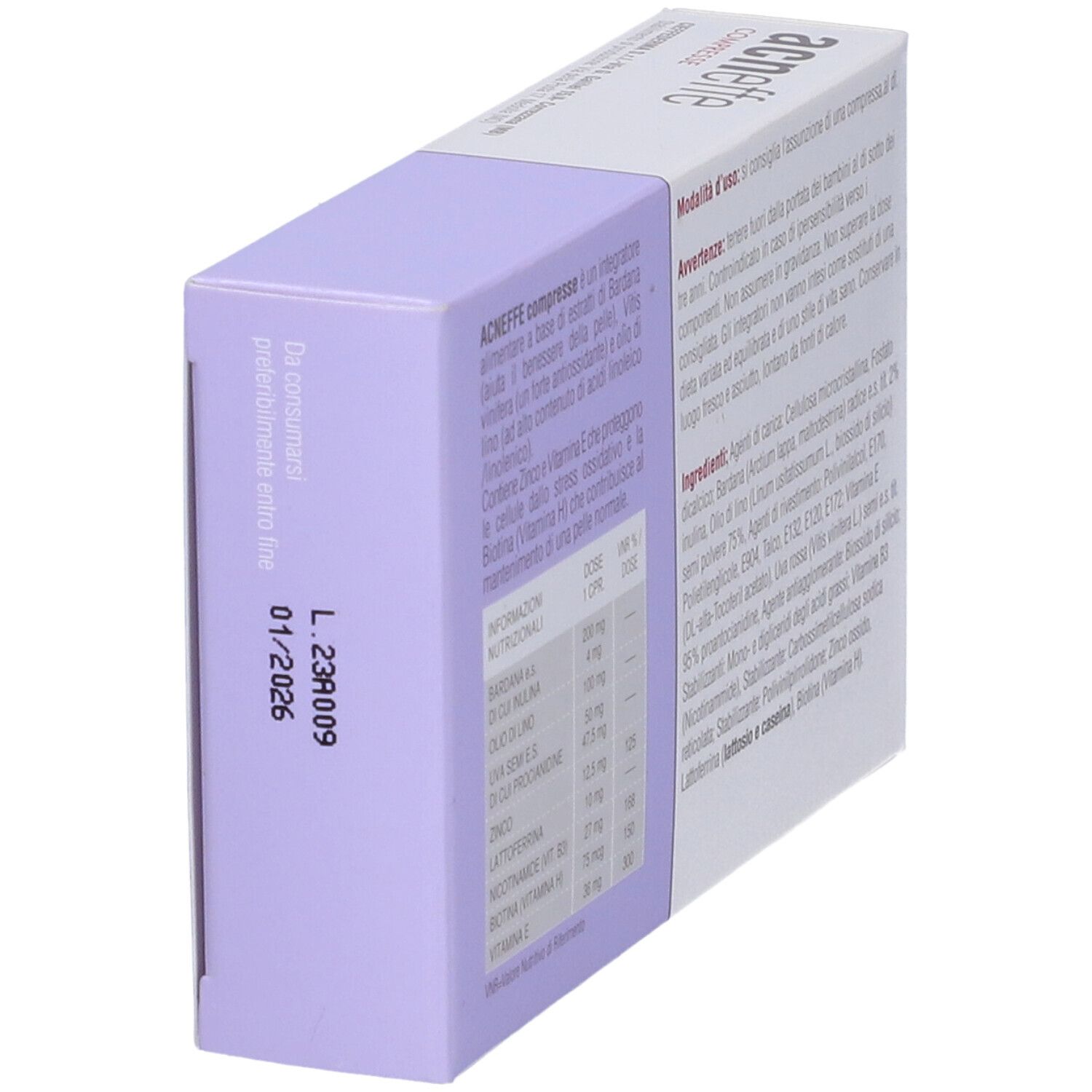 Scatola di compresse "acneffe COMPRESSE". Marchio: Cieffe Derma. Senza glutine.
