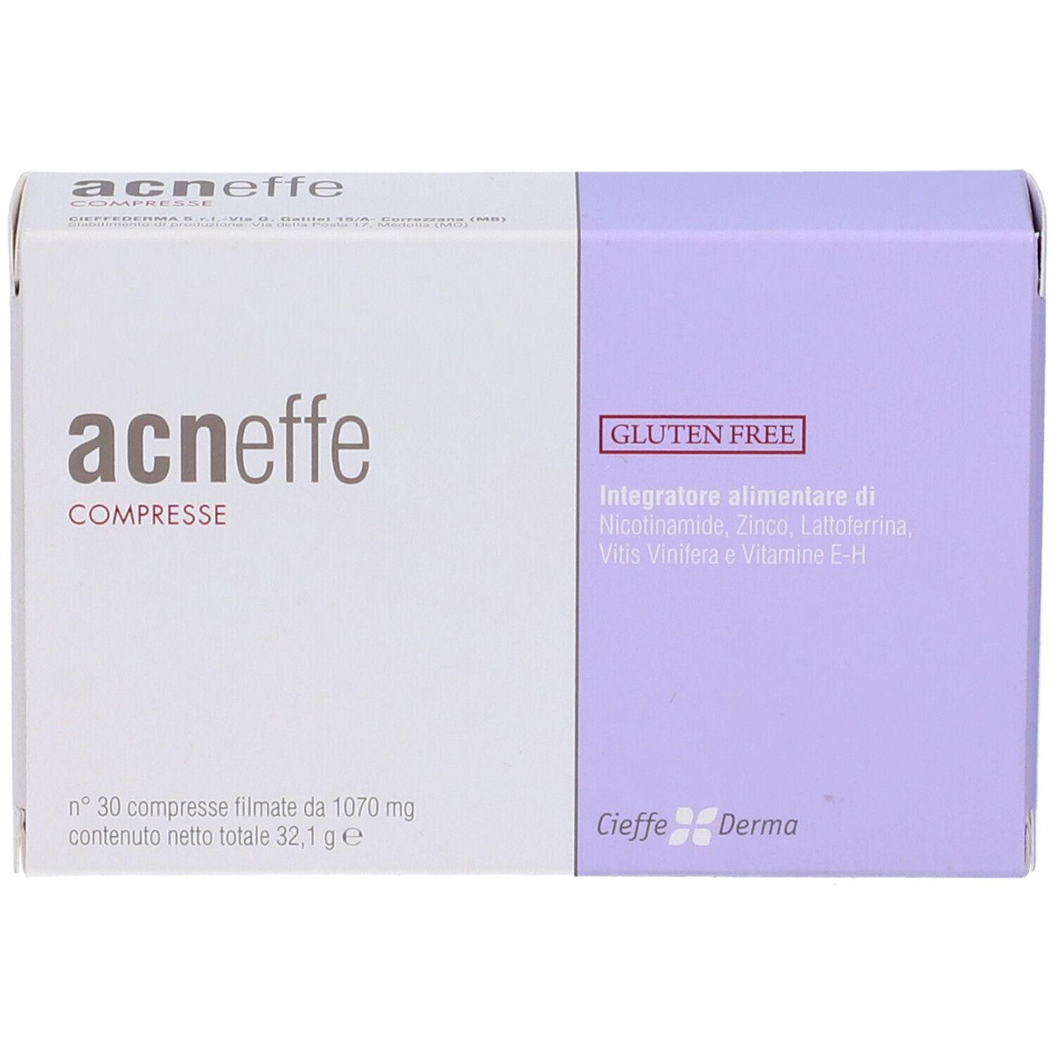 Scatola di compresse "acneffe COMPRESSE". Senza glutine. Marchio: Cieffe Derma.