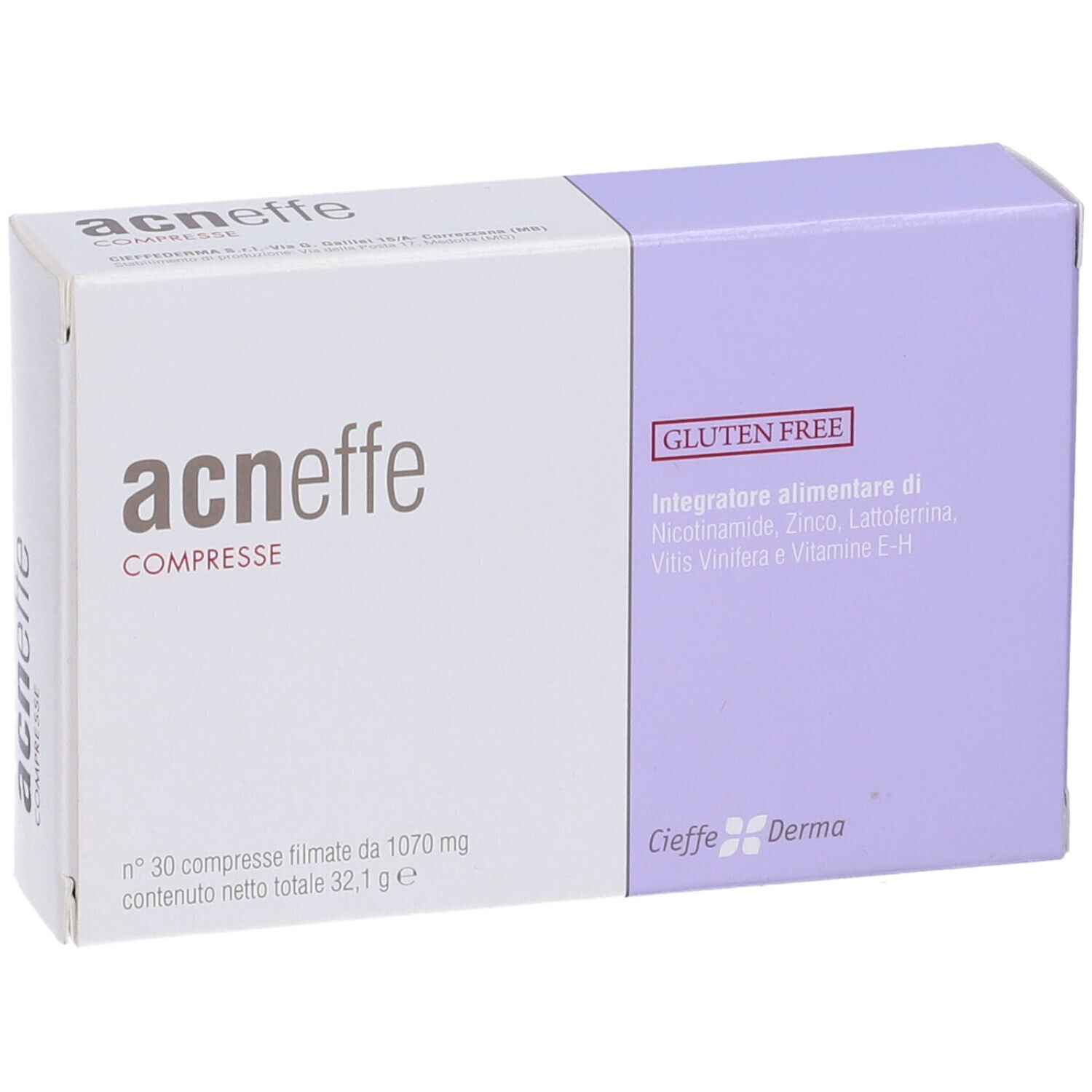 Scatola di compresse "acneffe COMPRESSE". Senza glutine. Marchio: Cieffe Derma.