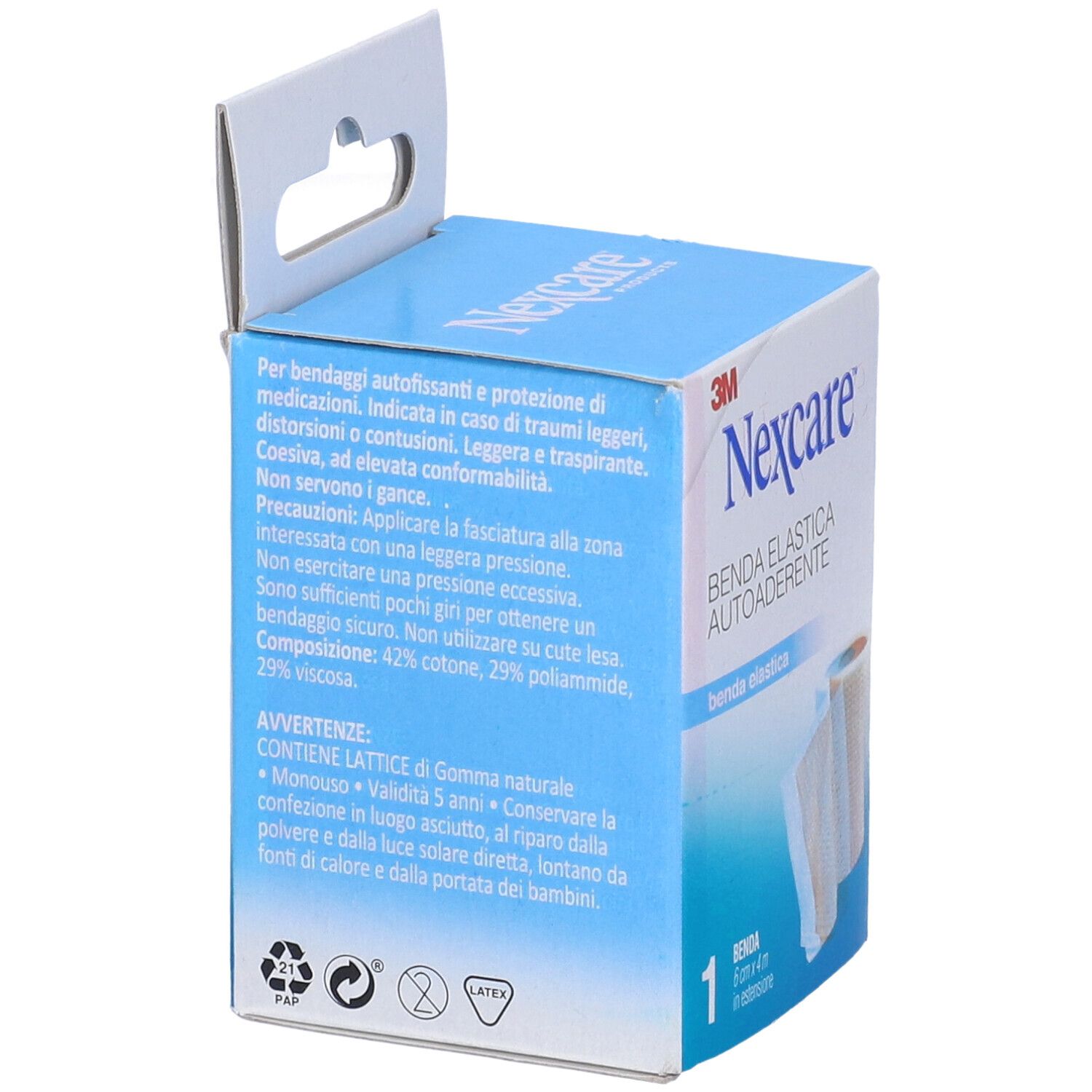 Rückseite der Verpackung von Nexcare Benda Elastica Autoaderente. Text in italienischer Sprache. Enthält Latex. Mit Recycling-Symbolen.