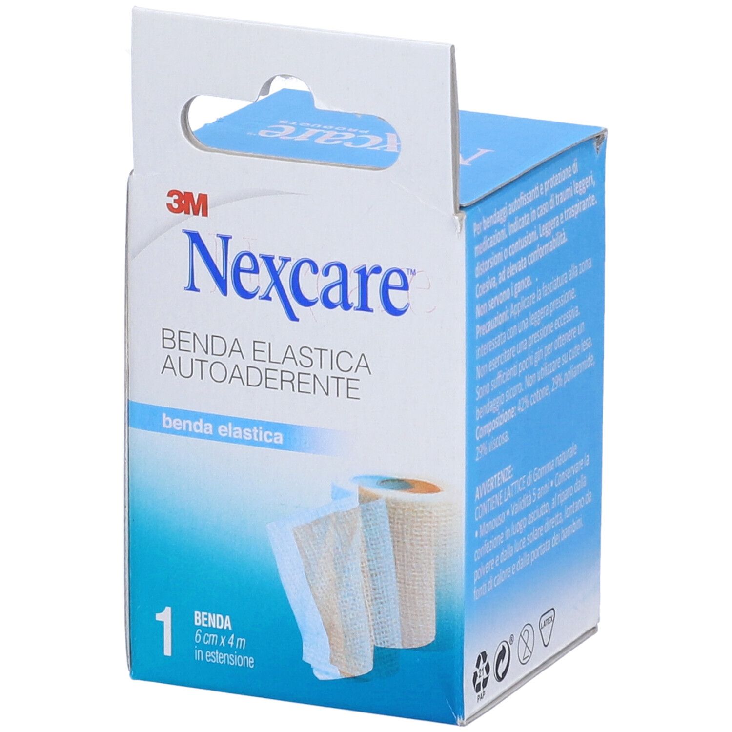 Verpackung von Nexcare Benda Elastica Autoaderente. Zeigt eine Rolle Verband. Aufdrucke: 3M, Nexcare, Benda Elastica Autoaderente.