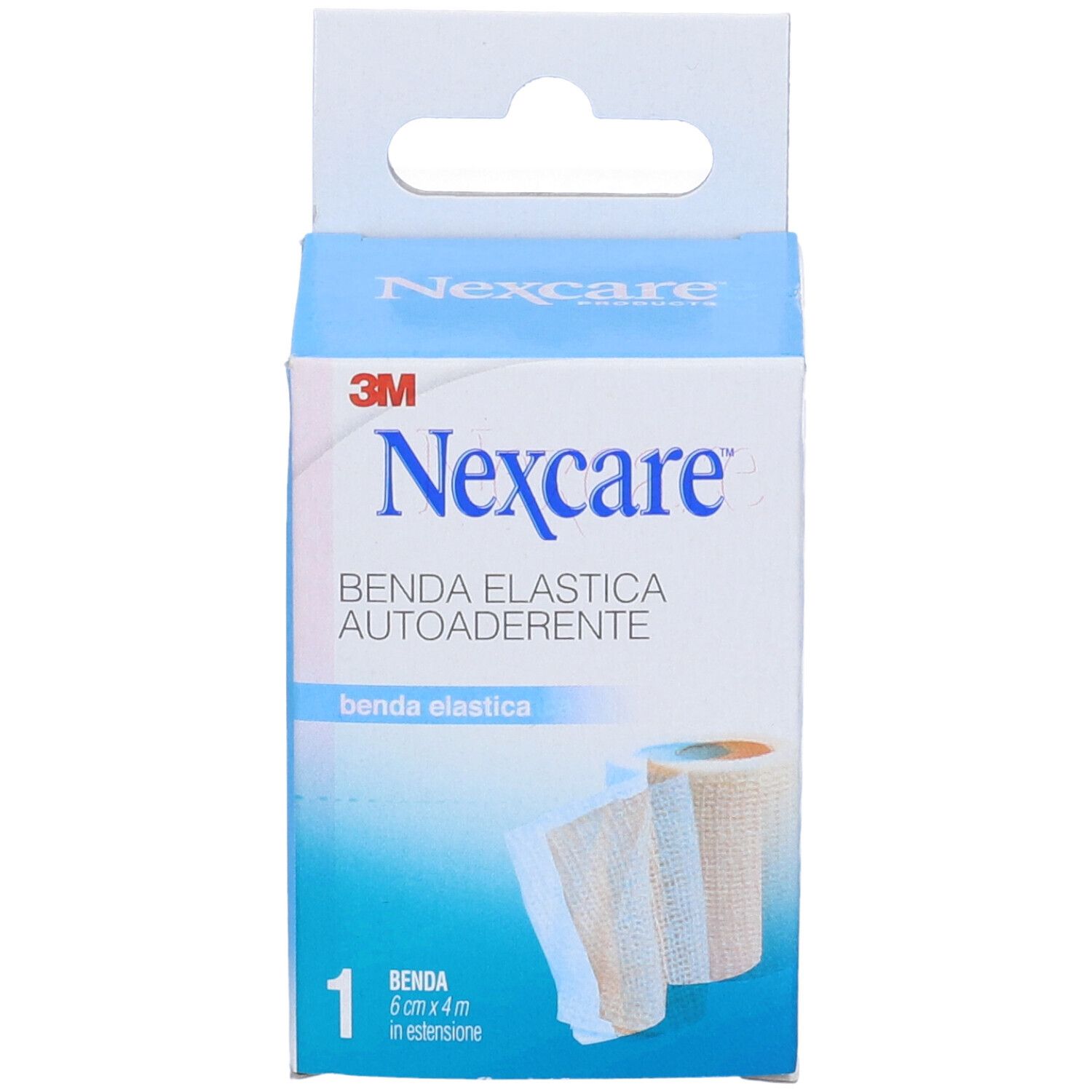 Verpackung von Nexcare Benda Elastica Autoaderente. Zeigt eine Rolle Verband. Aufdrucke: 3M, Nexcare, Benda Elastica Autoaderente.