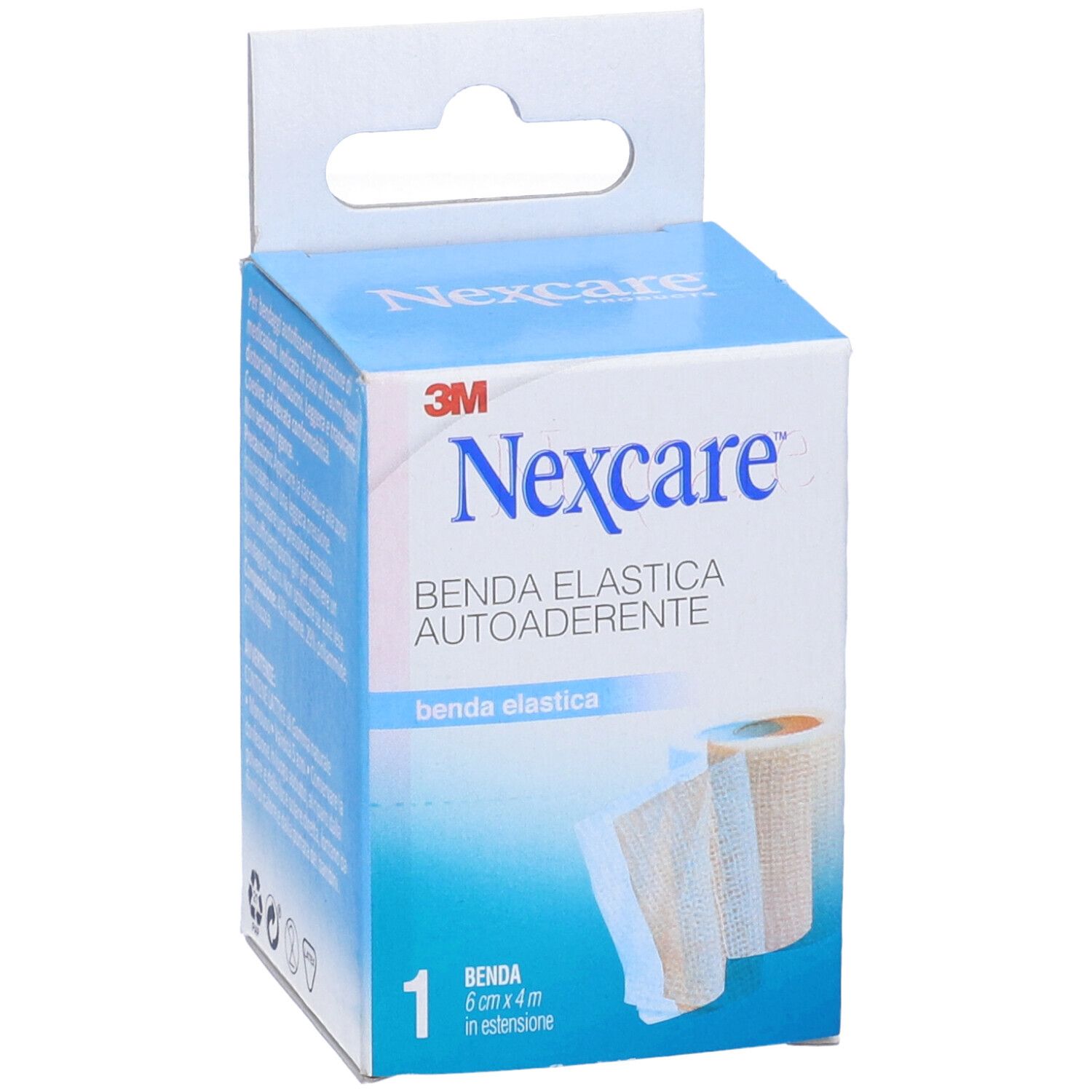 Verpackung von Nexcare Benda Elastica Autoaderente. Zeigt eine Rolle Verband. Aufdrucke: 3M, Nexcare, Benda Elastica Autoaderente.