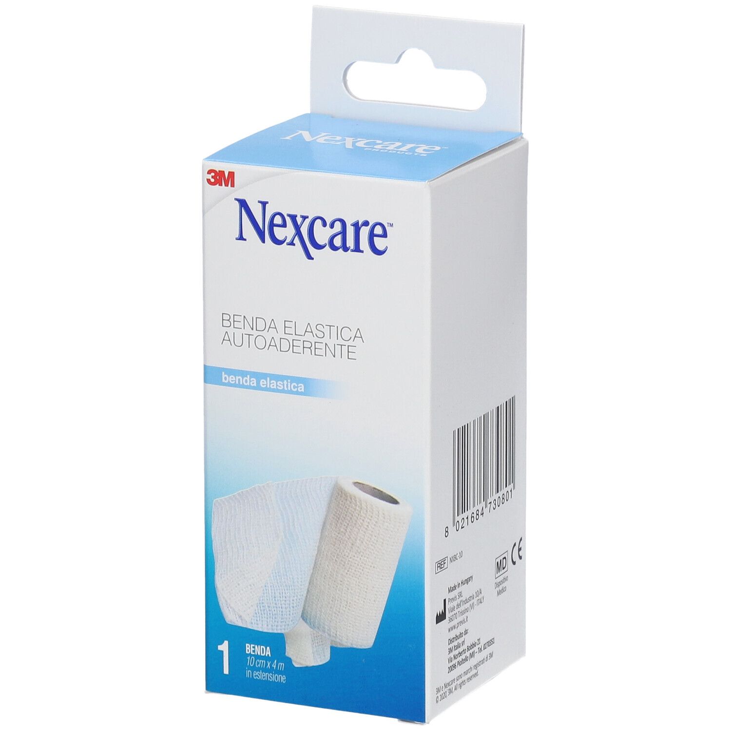Verpackung von Nexcare Benda Autoaderente. Enthält eine Rolle und ein Stück Bandage. Marke und Produktname deutlich sichtbar.