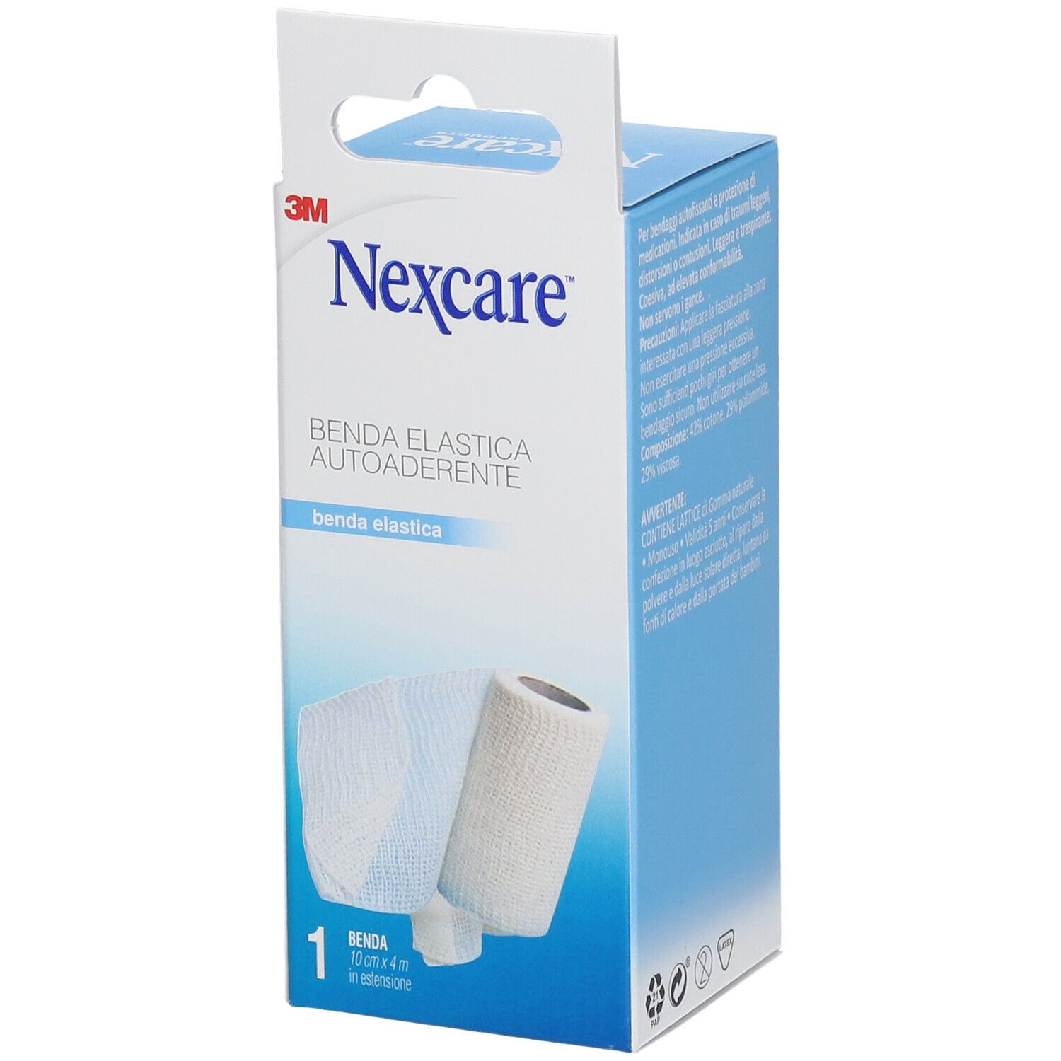 Verpackung von Nexcare Benda Autoaderente. Vorderseite mit Produktname und Marke. Bandage und Rolle abgebildet.