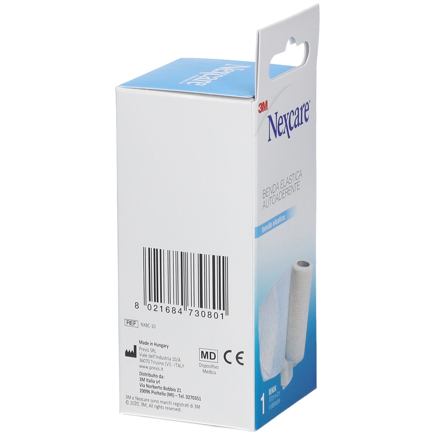 Verpackung von Nexcare Benda Autoaderente. Seite mit Barcode, Herstellerinformationen und CE-Kennzeichnung.