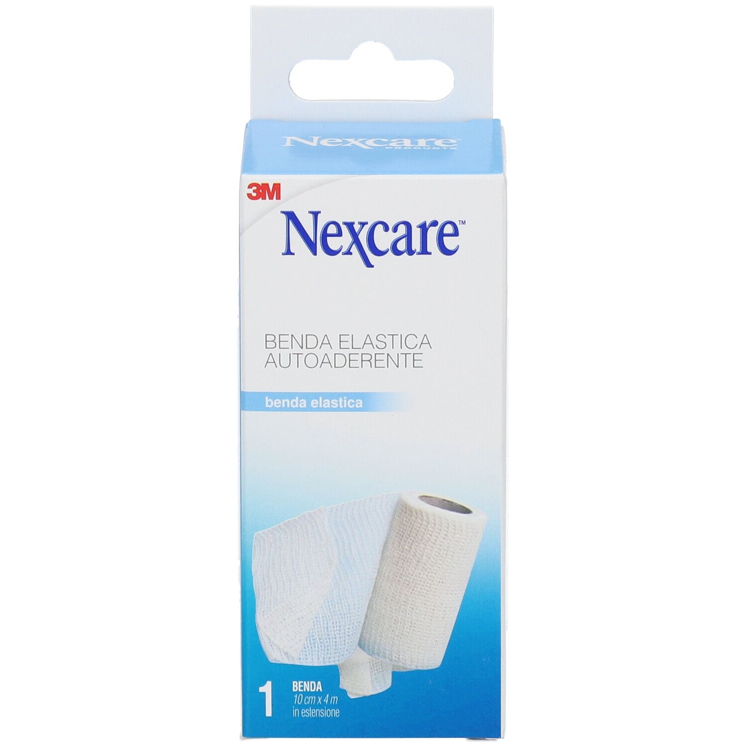 Verpackung von Nexcare Benda Autoaderente. Vorderansicht mit Produktname und Marke. Bandage und Rolle abgebildet.