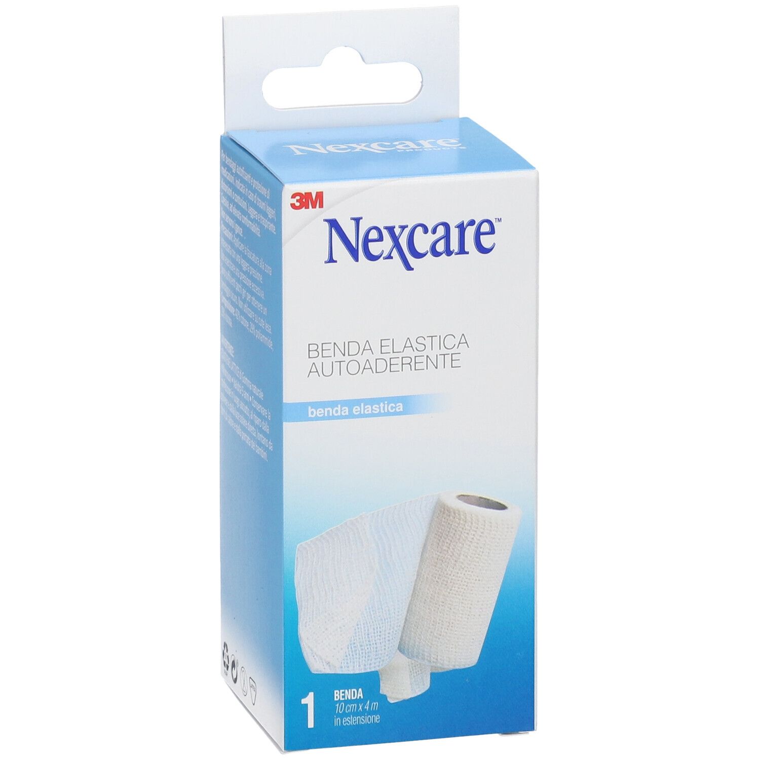 Verpackung von Nexcare Benda Autoaderente. Vorderansicht mit Produktname und Marke. Bandage und Rolle abgebildet.