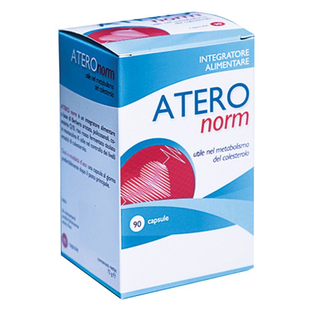 Confezione di Ateronorm. Scatola blu e bianca con dettaglio rosso. Contiene 90 capsule. Testo: Integratore Alimentare.