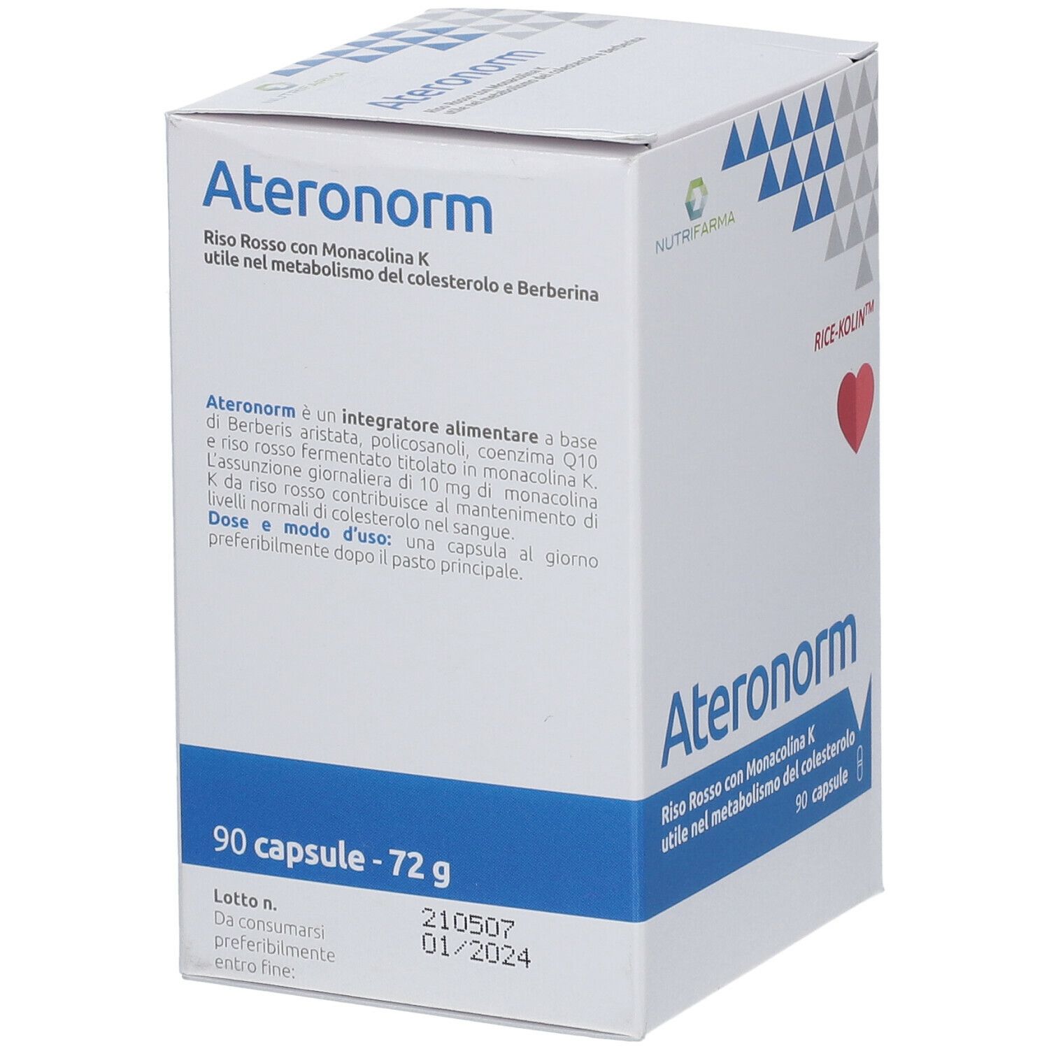 Confezione di Ateronorm. Scatola bianca con triangoli blu. Contiene 90 capsule. Testo: Riso Rosso con Monacolina K.