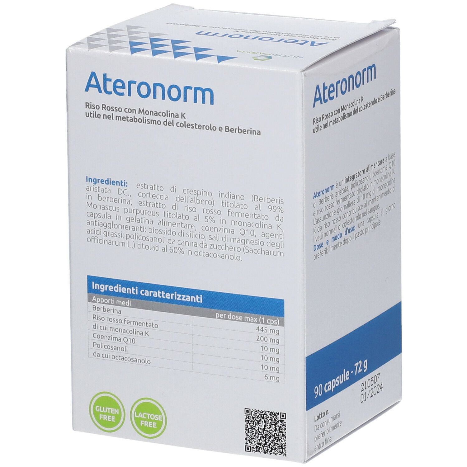Confezione di Ateronorm. Scatola bianca con triangoli blu. Contiene 90 capsule. Elenco ingredienti e tabella nutrizionale.