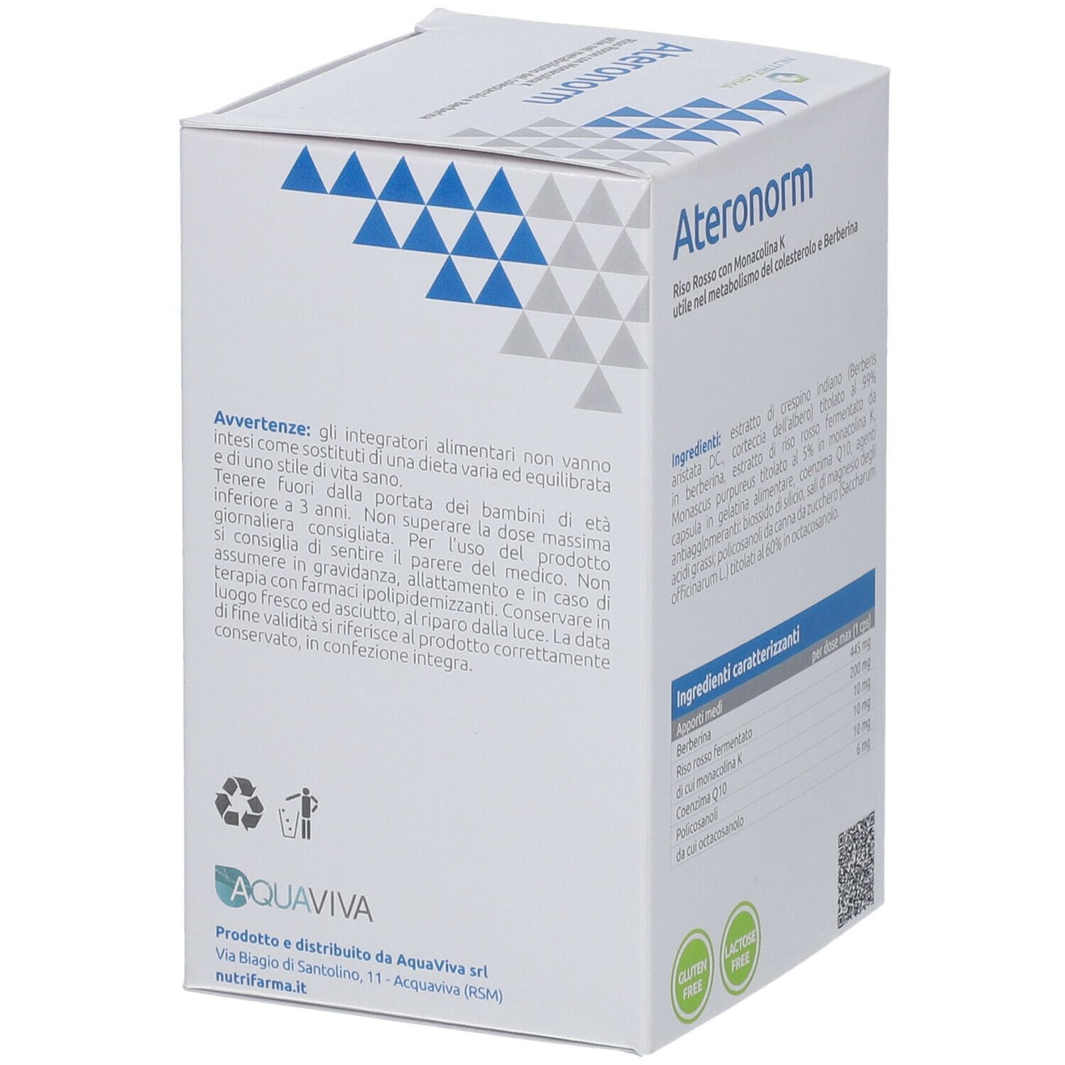 Confezione di Ateronorm. Scatola bianca con triangoli blu. Contiene 90 capsule. Testo: AquaViva, Nutrifarma.