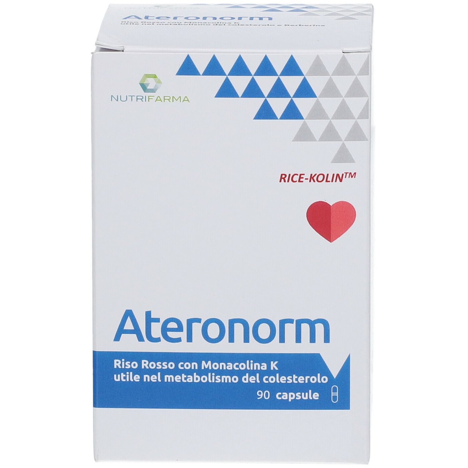 Confezione di Ateronorm. Scatola bianca con triangoli blu. Contiene 90 capsule. Testo: Rice-Kolin.