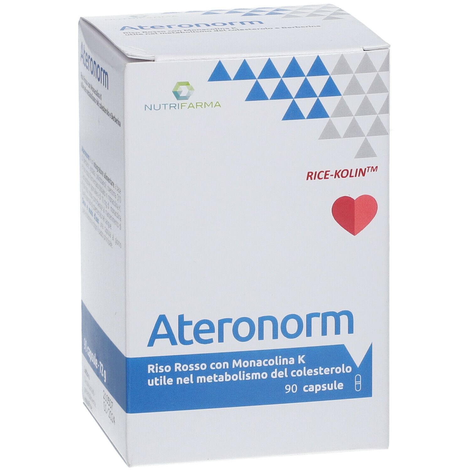 Confezione di Ateronorm. Scatola bianca con triangoli blu. Contiene 90 capsule. Testo: Riso Rosso con Monacolina K.