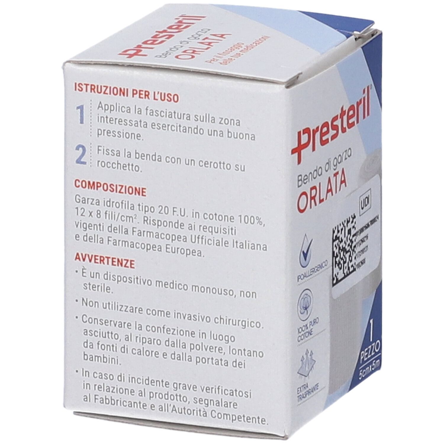 Verpackung mit Anwendungshinweisen und Zusammensetzung: Garza idrofila 20 F.U., 100% Baumwolle, 12x8 Fäden/cm².