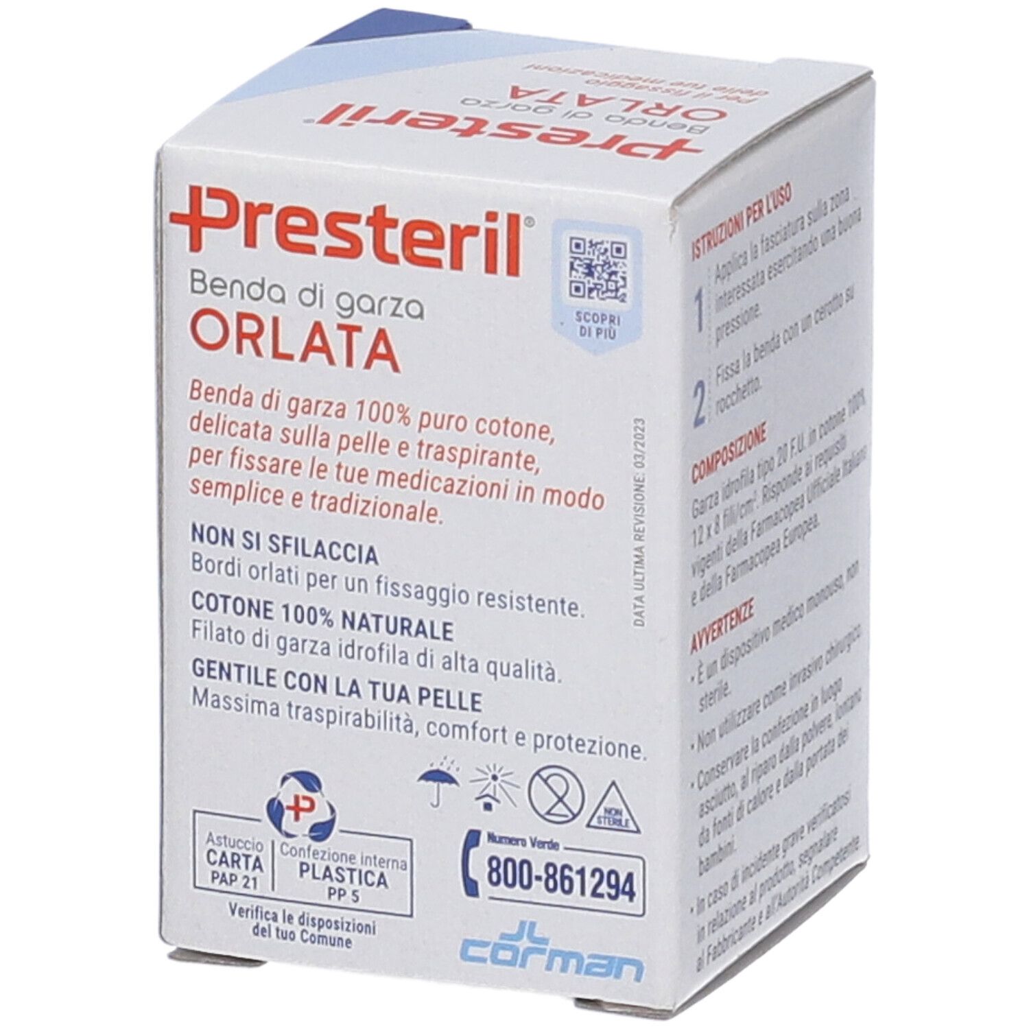 Presteril Benda di Garza Orlata: 100% Baumwolle, nicht ausfransend, sanft zur Haut, atmungsaktiv.