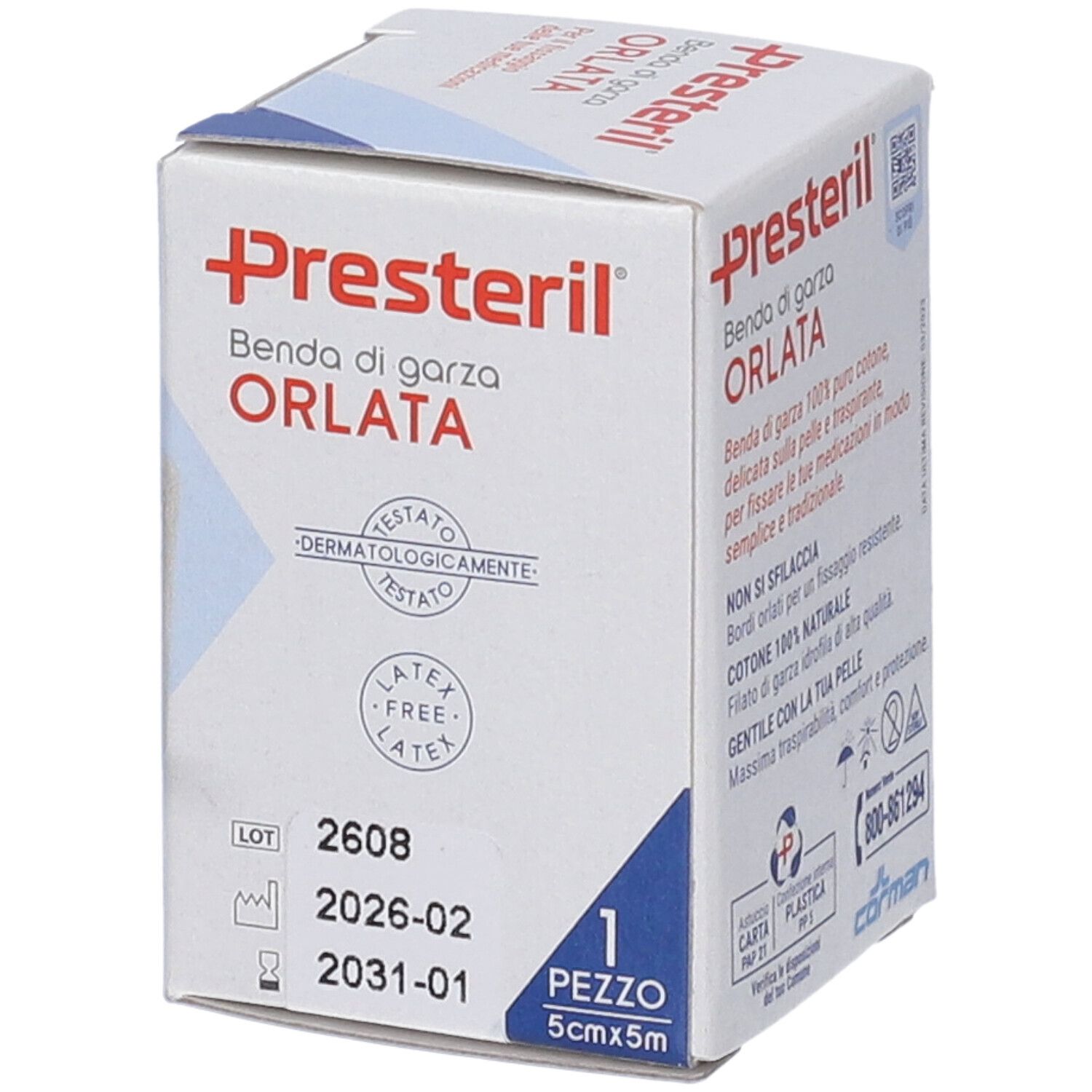 Presteril Benda di Garza Orlata: Dermatologisch getest, latexvrij. Los 2608, 5cm x 5m.