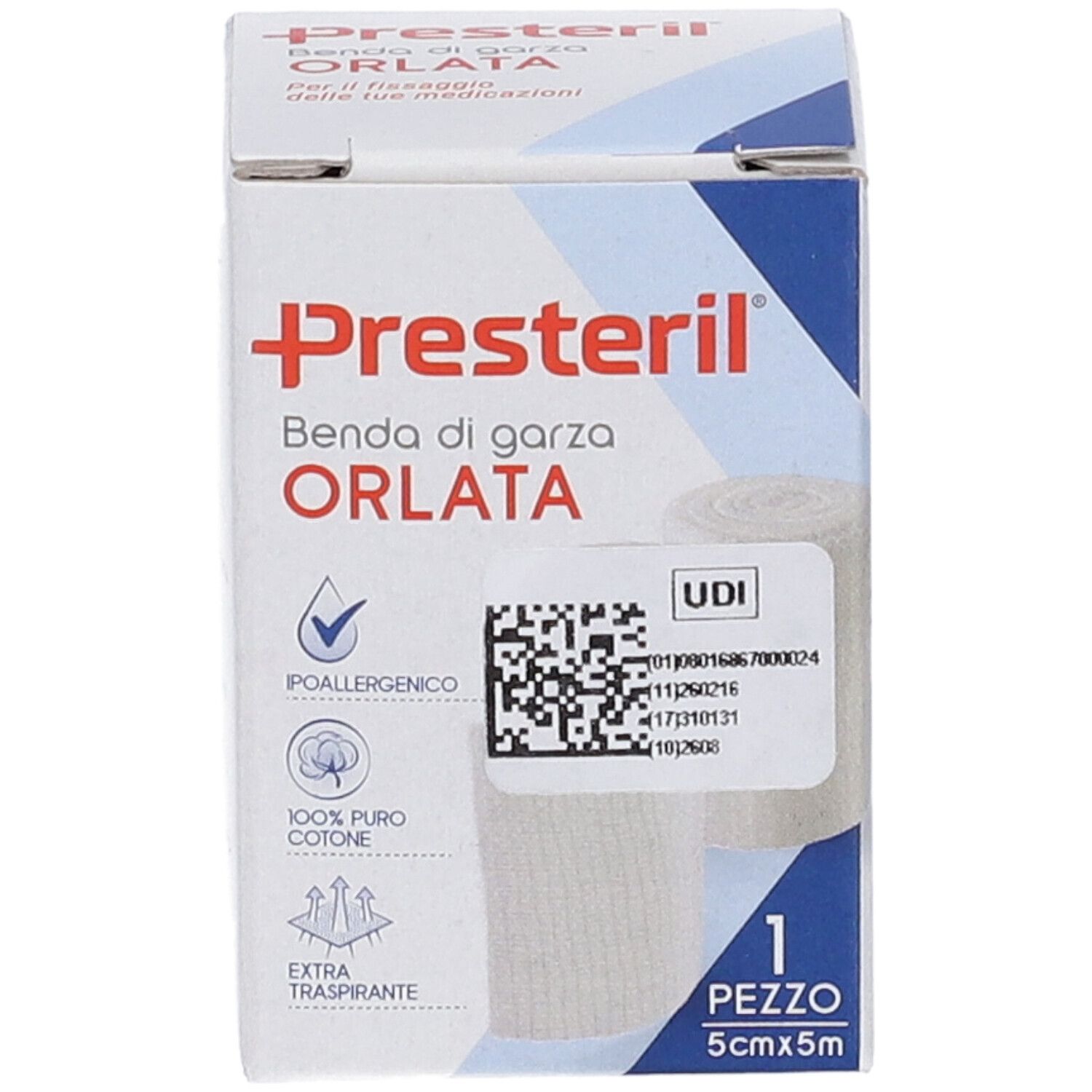 Presteril Benda di Garza Orlata: 1 Stück, 5cm x 5m. Hypoallergen, 100% Baumwolle, atmungsaktiv.