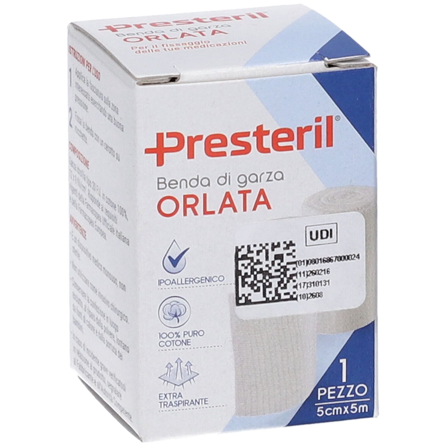 Verpackung mit Anwendungshinweisen und Zusammensetzung: Garza idrofila 20 F.U., 100% Baumwolle, 12x8 Fäden/cm².