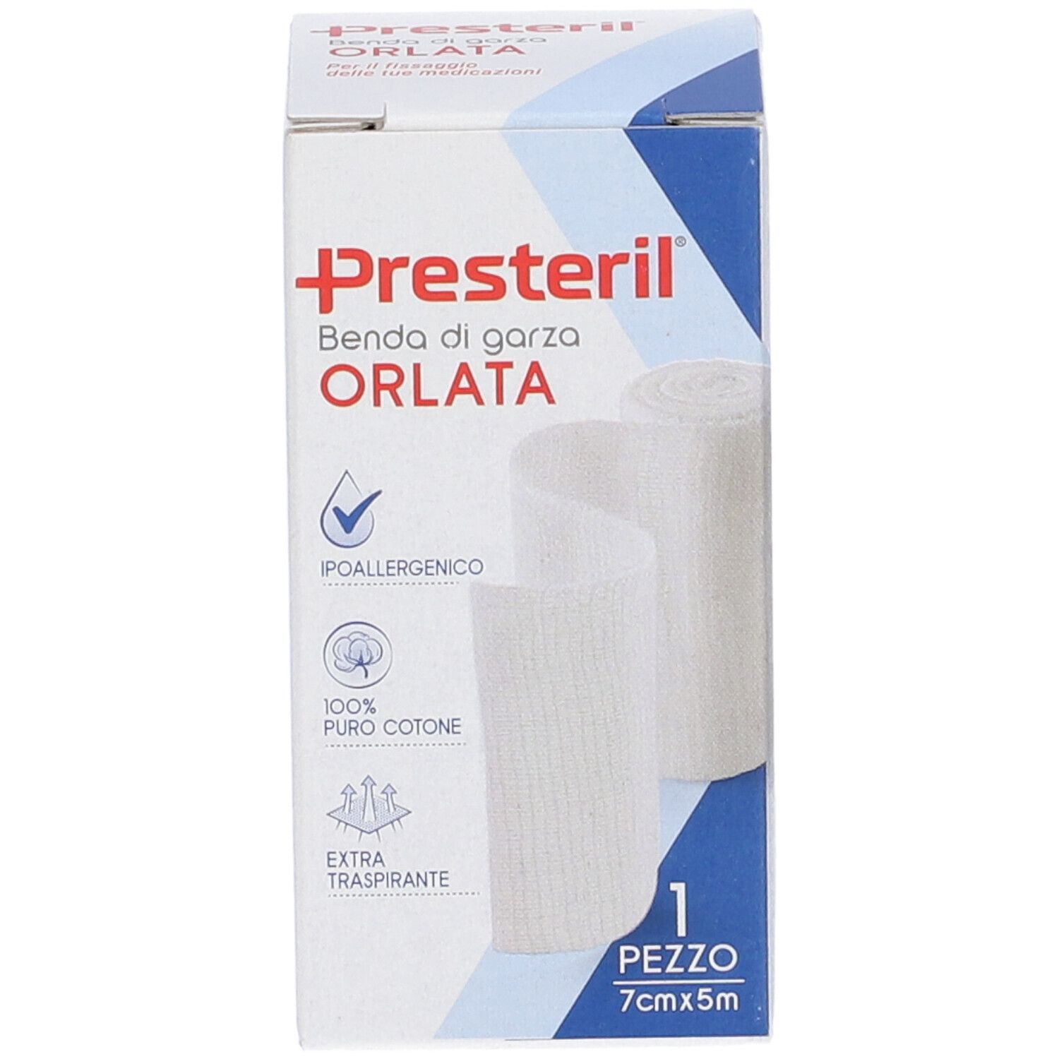 Presteril elastische Mullbinde, 7cm x 5m, hypoallergen, 100% Baumwolle, atmungsaktiv.