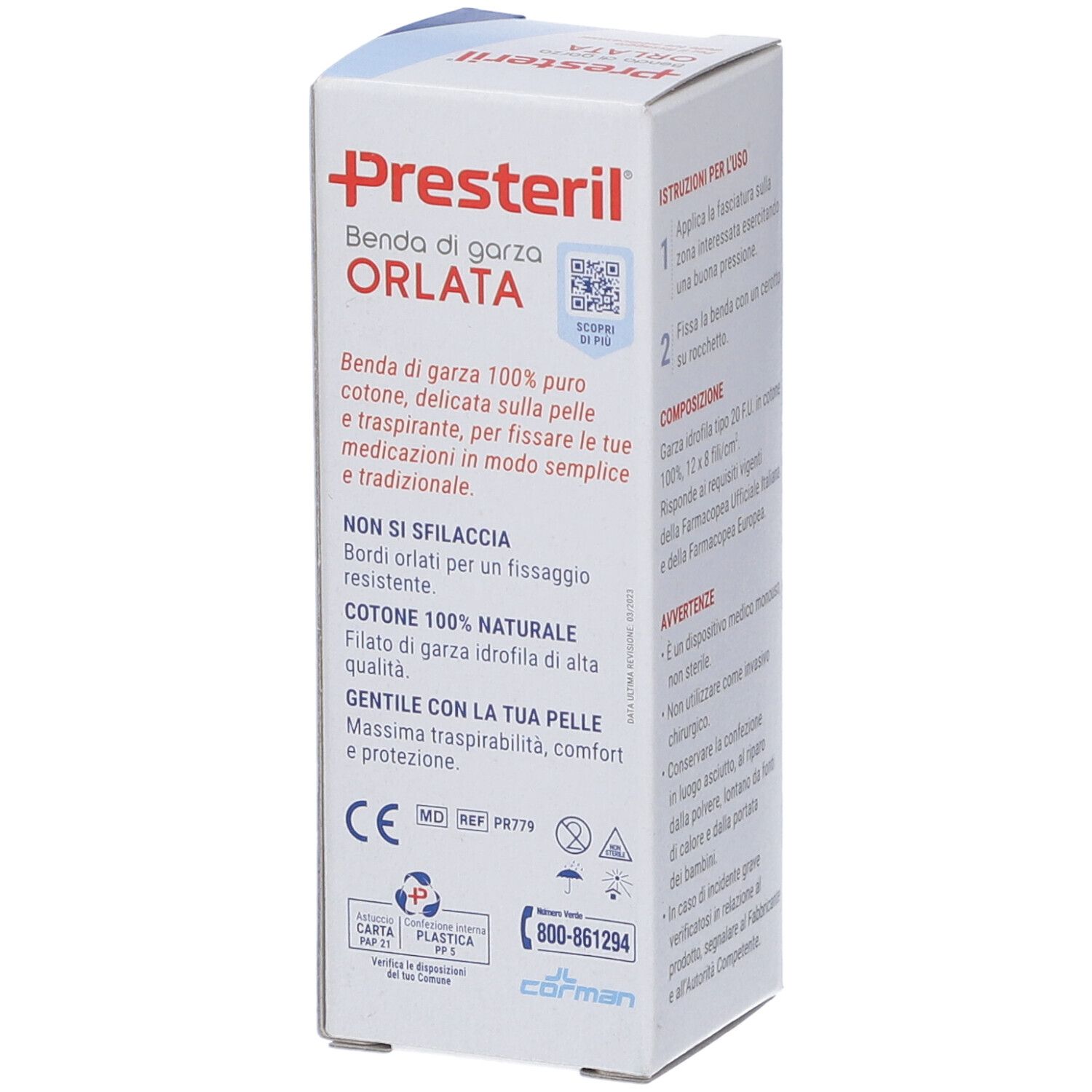 Presteril Benda di garza orlata, 100% Baumwolle, hypoallergen, atmungsaktiv.