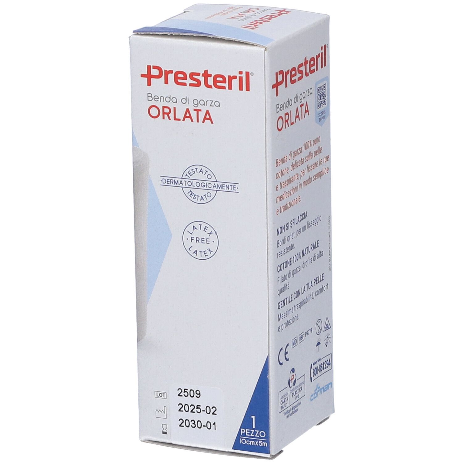 Presteril Benda di garza orlata, 10cm x 5m, latexfrei, hypoallergen.