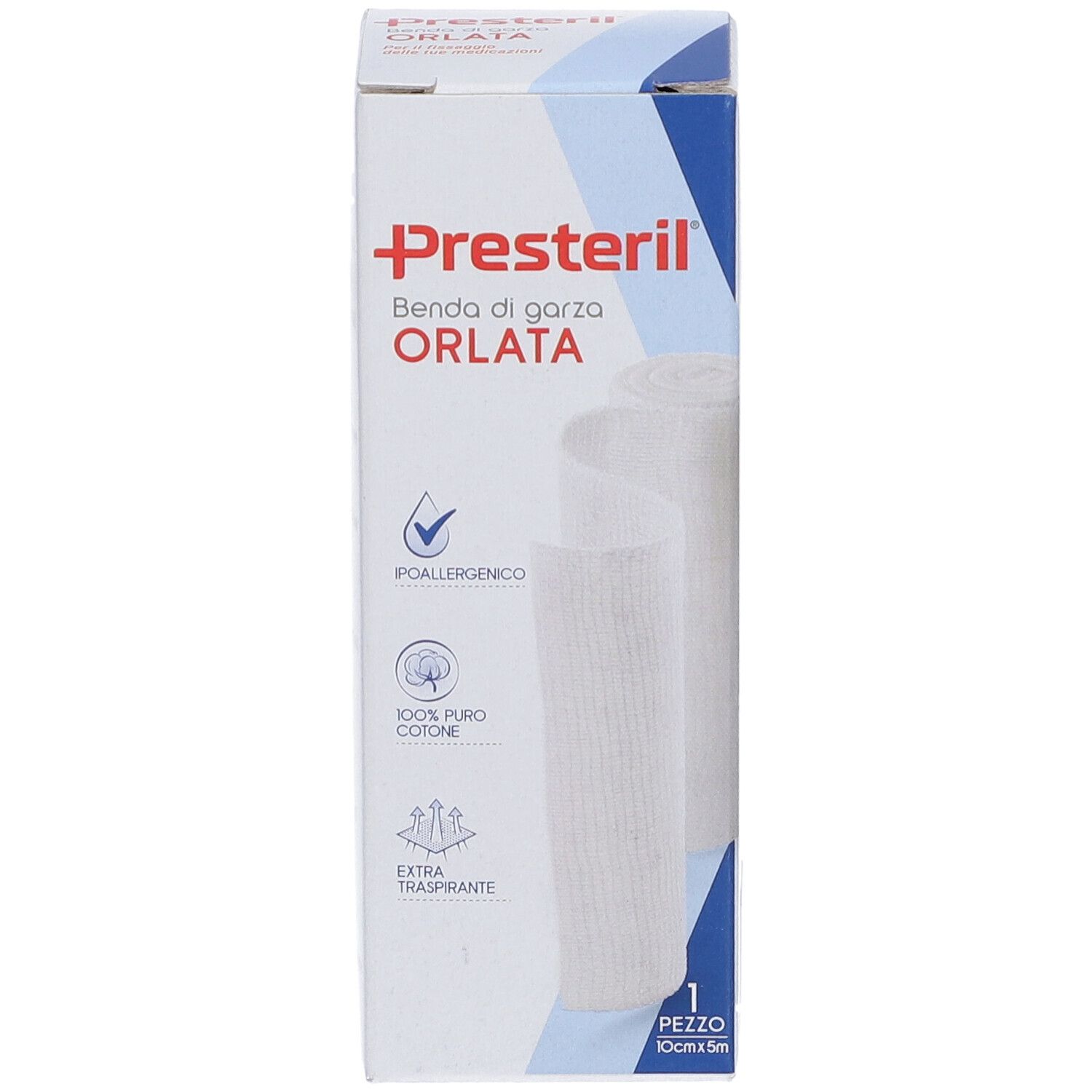 Presteril Benda di garza orlata, 10cm x 5m, latexfrei, hypoallergen.