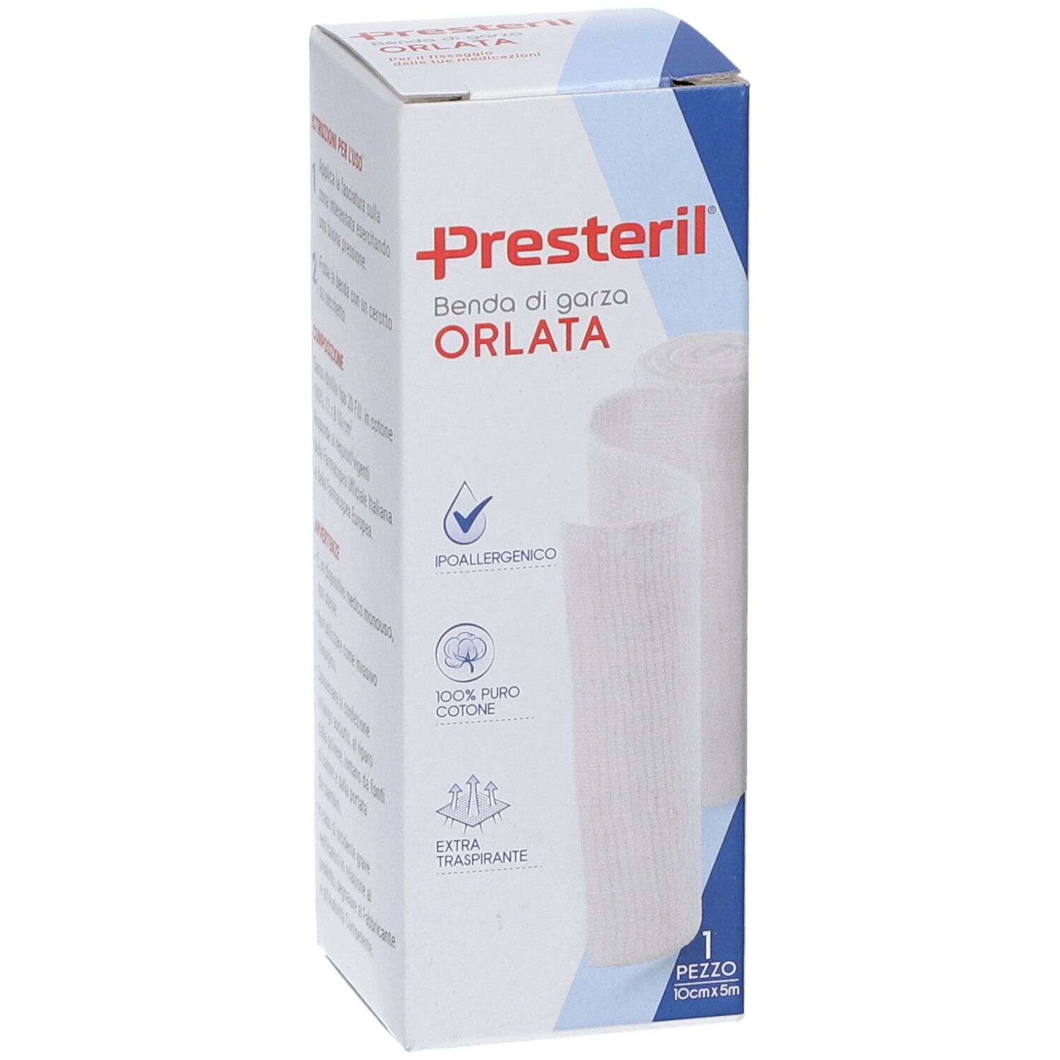Presteril Mullbinde, 100cm x 5m, hypoallergen, 100% Baumwolle, extra atmungsaktiv.