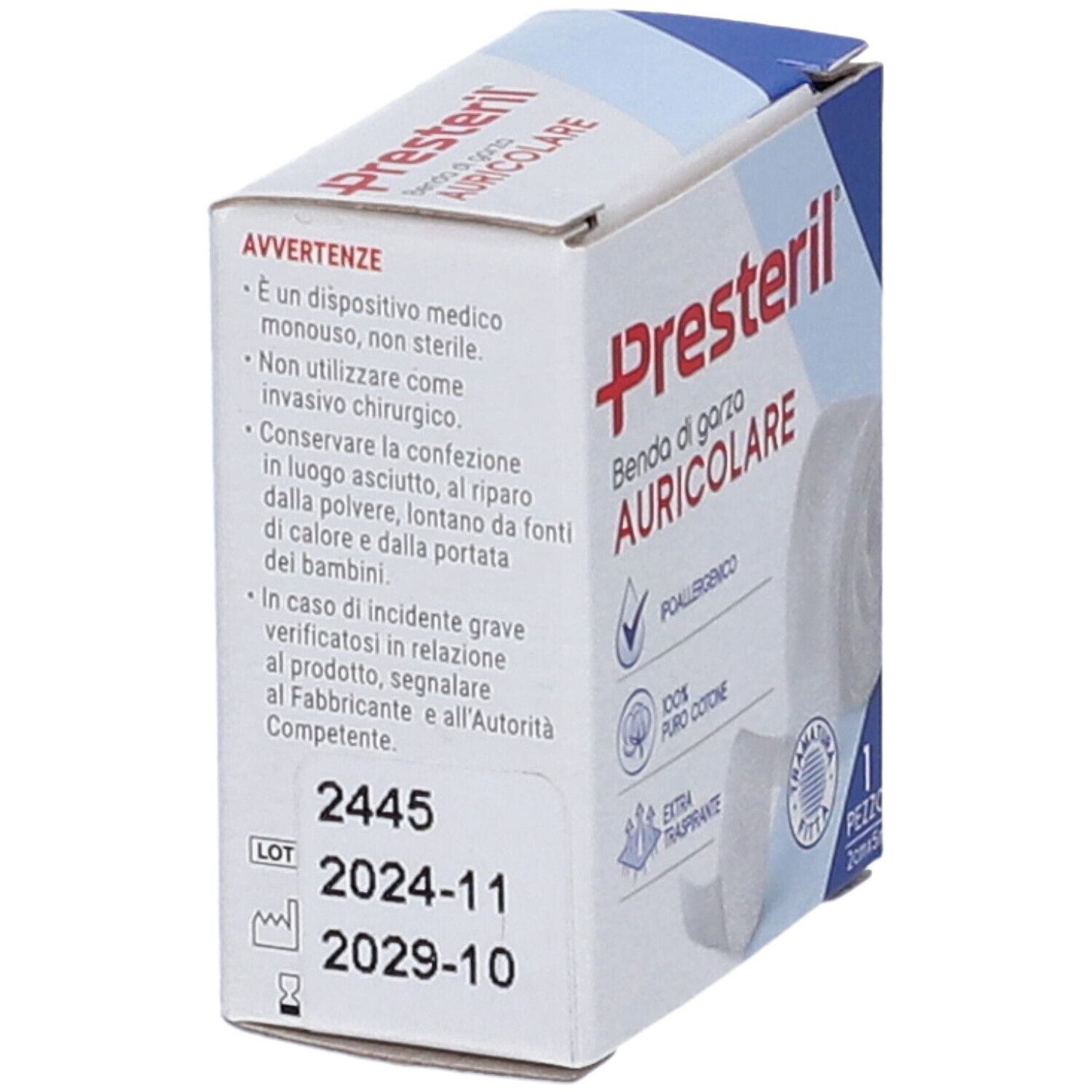 Verpackung mit Presteril-Ohrverband. Enthält Informationen und Chargennummer. Enthält eine Rolle Verband. 2cm x 5m. Ipoallergenico, 100% puro cotone.