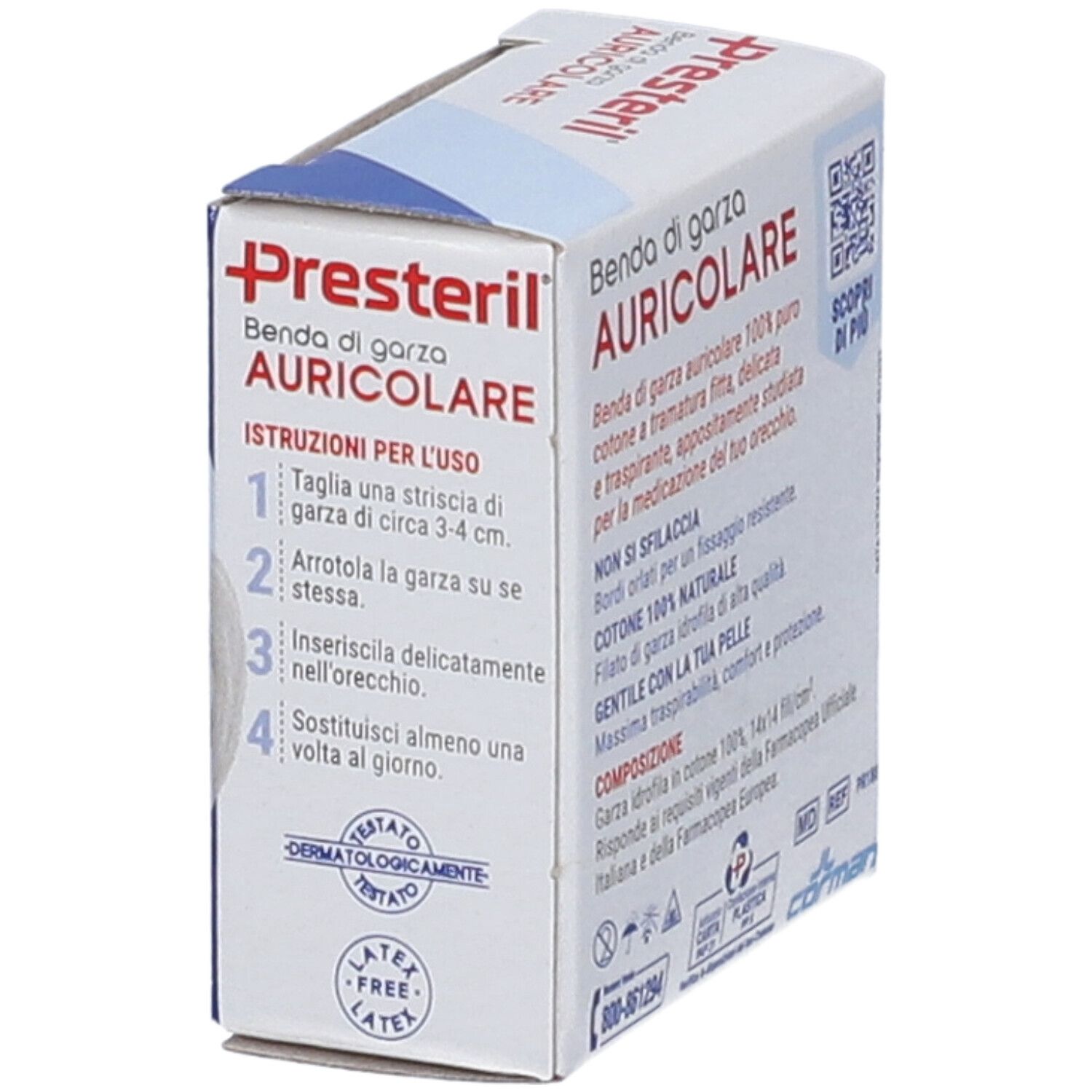 Verpackung mit Presteril-Ohrverband. Enthält Gebrauchsanweisung. 100% reine Baumwolle. Dermatologisch getestet. Latex-frei.