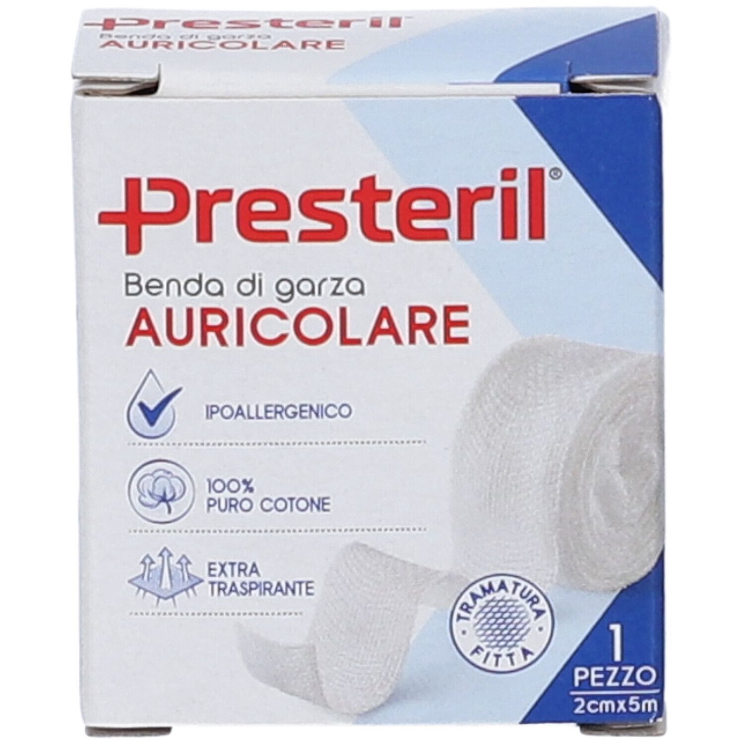 Verpackung mit Presteril-Ohrverband. Enthält eine Rolle Verband. Hypoallergen, 100% reine Baumwolle, extra atmungsaktiv. 2cm x 5m.