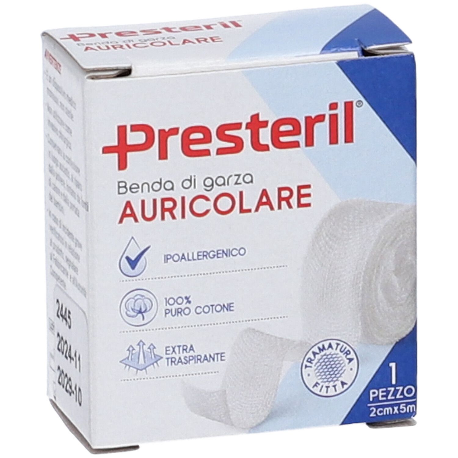 Verpackung mit Presteril-Ohrverband. Enthält eine Rolle Verband. 2cm x 5m. Ipoallergenico, 100% puro cotone, extra traspirante. Chargennummer.