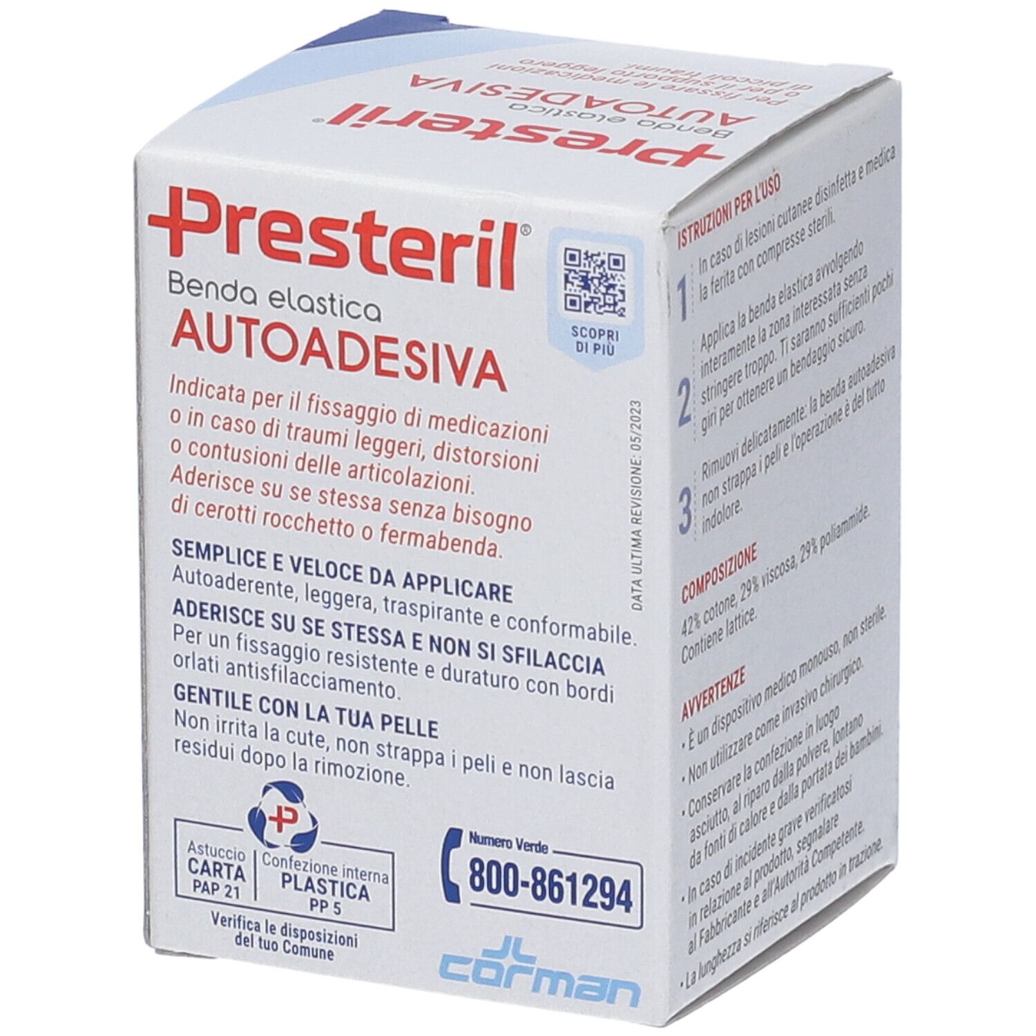 Karton für Presteril selbstklebende elastische Binde. Weiße Verpackung mit blauen und roten Akzenten.