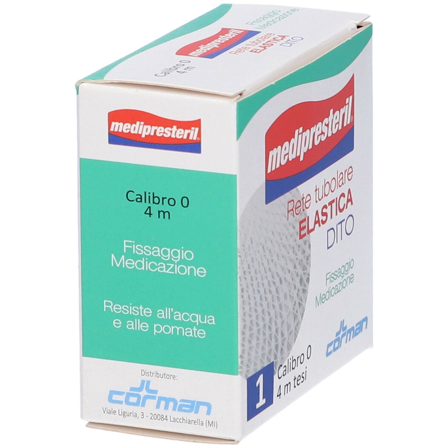 Confezione Medipresteril. Scritta rossa e blu. Rete elastica per dita. Calibro 0, 4 m. Vista prospettica.