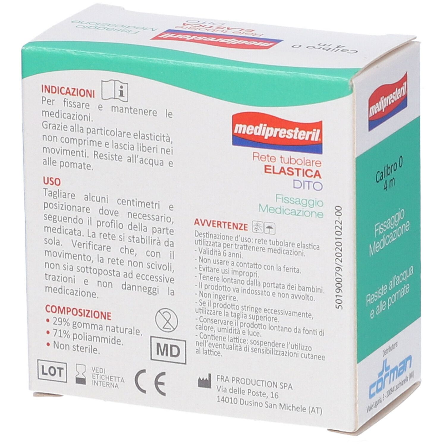 Confezione Medipresteril, retro con testo. Contiene informazioni su uso, composizione e avvertenze.